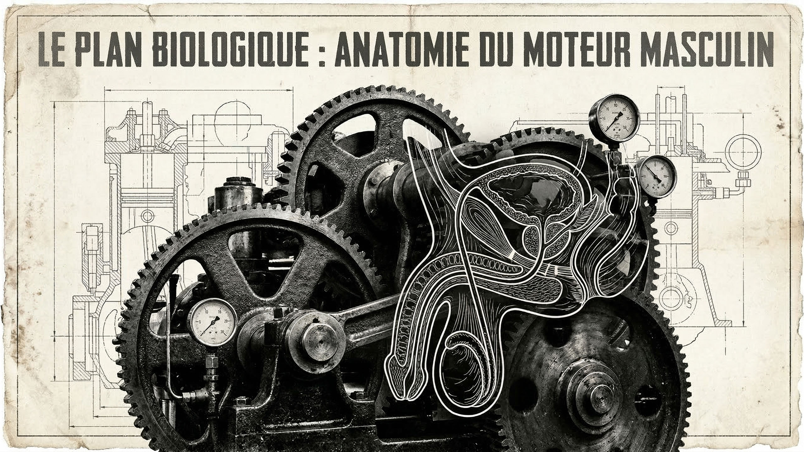 Illustration style plan technique des structures physiologiques masculines.