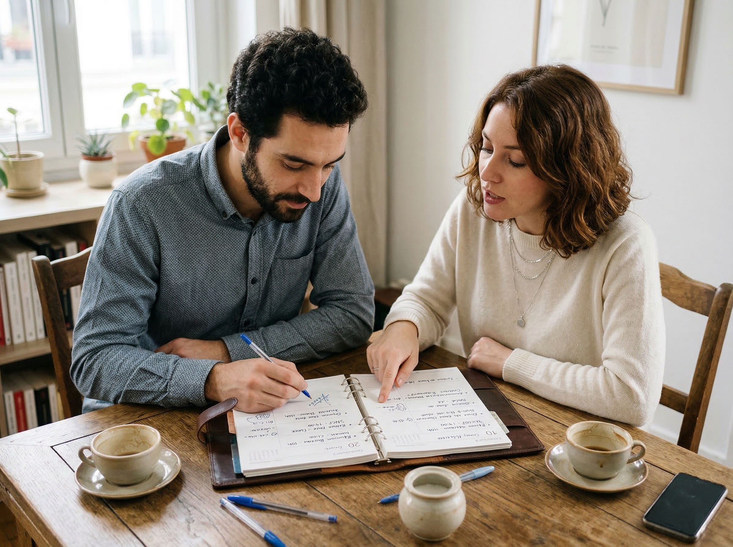 Un homme et une femme consultant un agenda ensemble