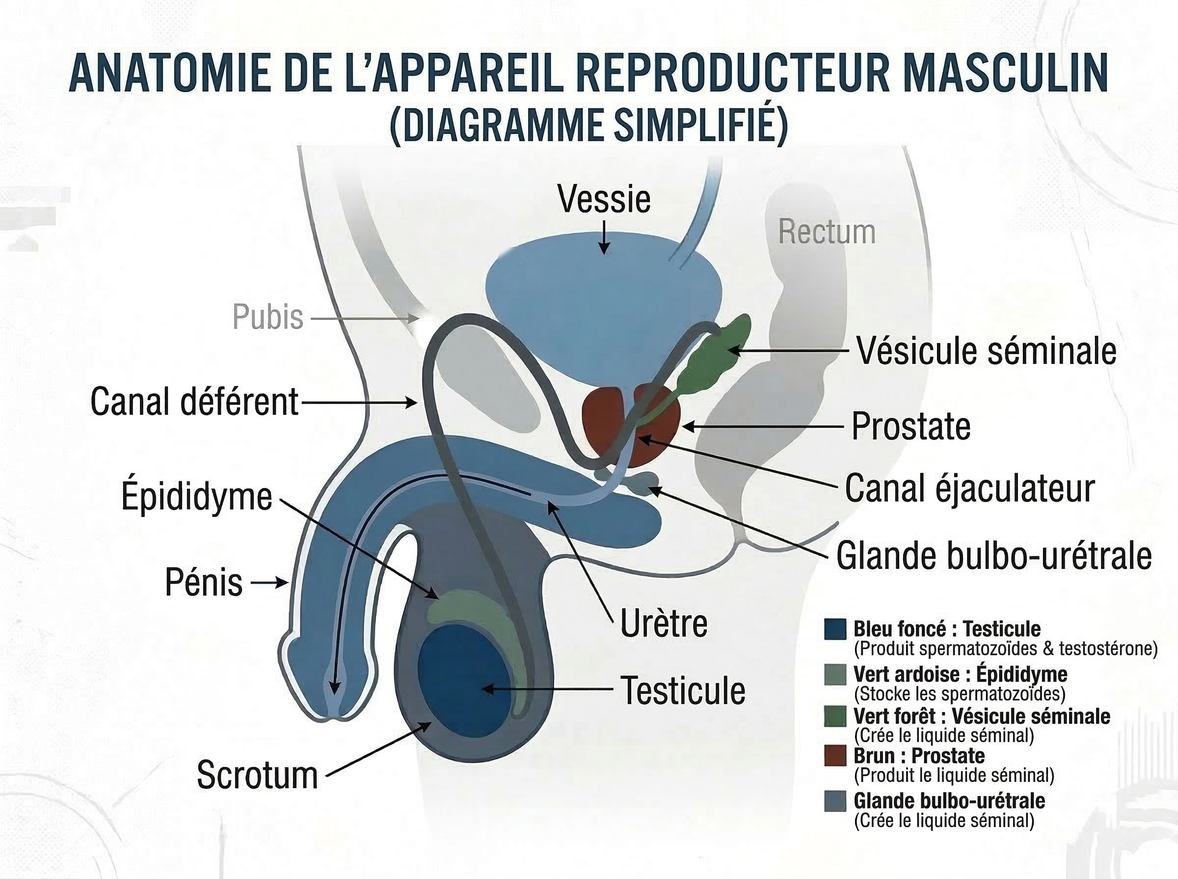 Schéma simplifié de l'anatomie reproductive masculine