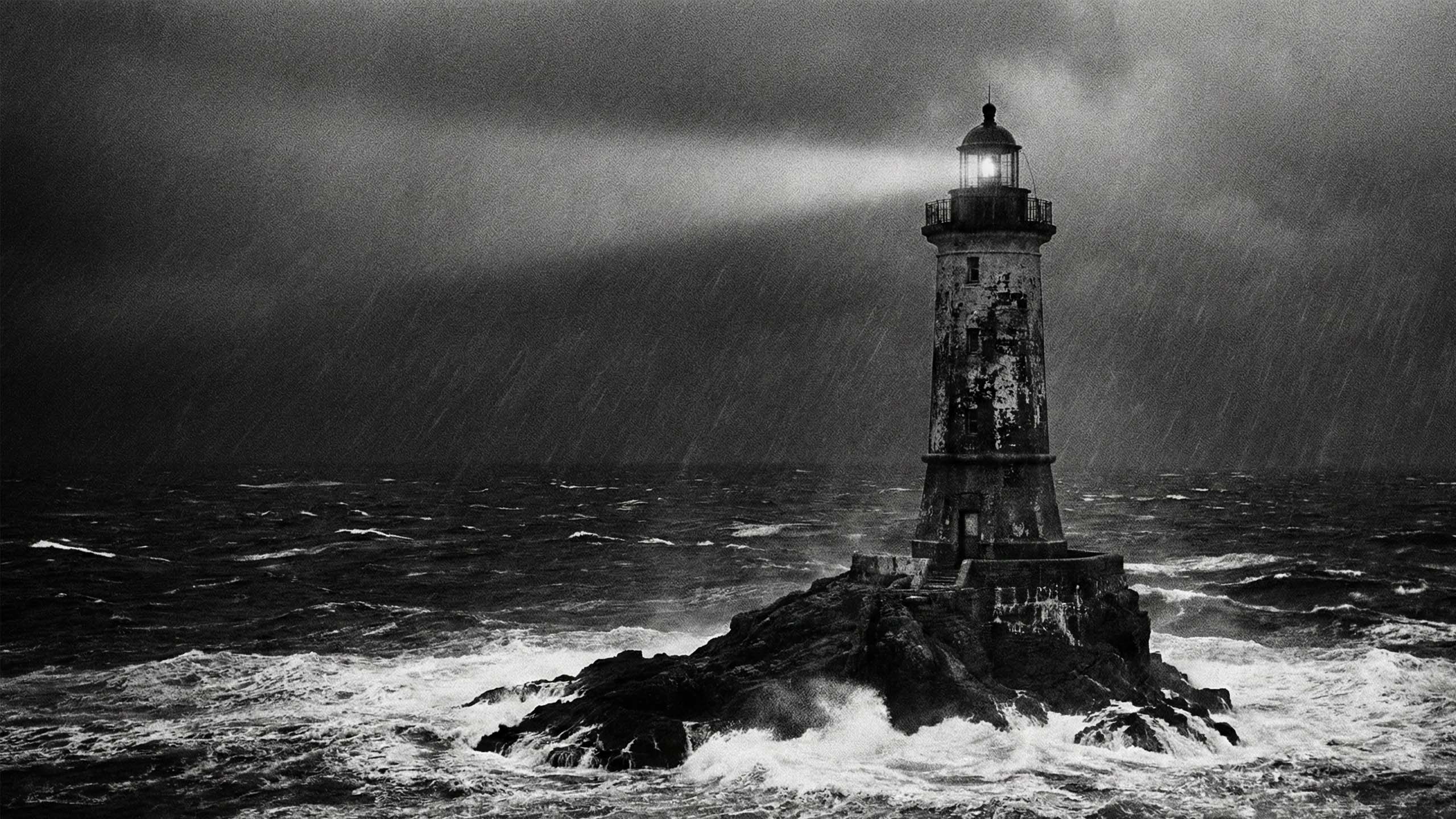 Un phare en pierre robuste endurant une temp&ecirc;te, symbolisant la stabilit&eacute; nationale.
