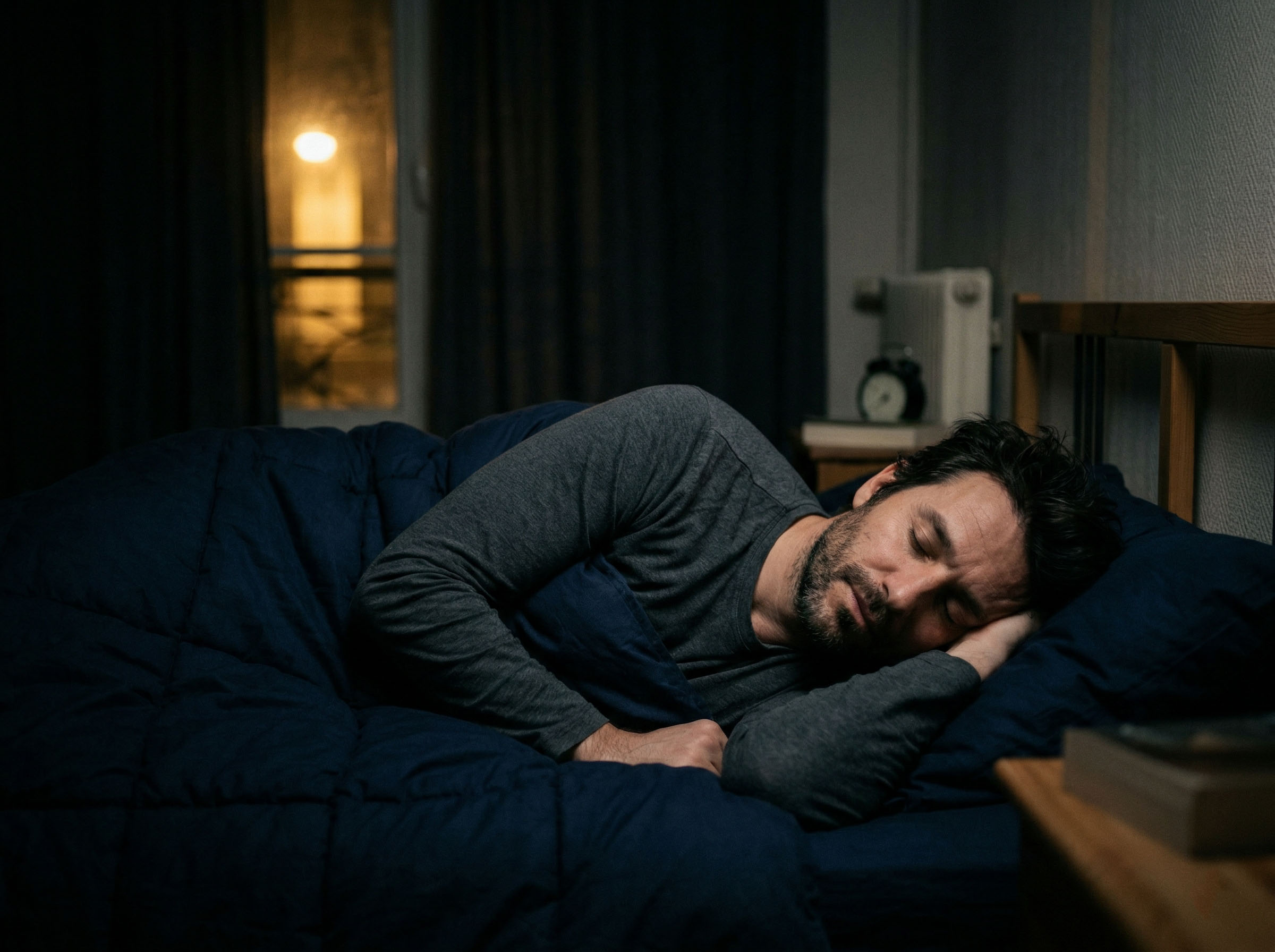 Homme dormant profondément dans une chambre sombre représentant le sommeil réparateur et la production de testostérone