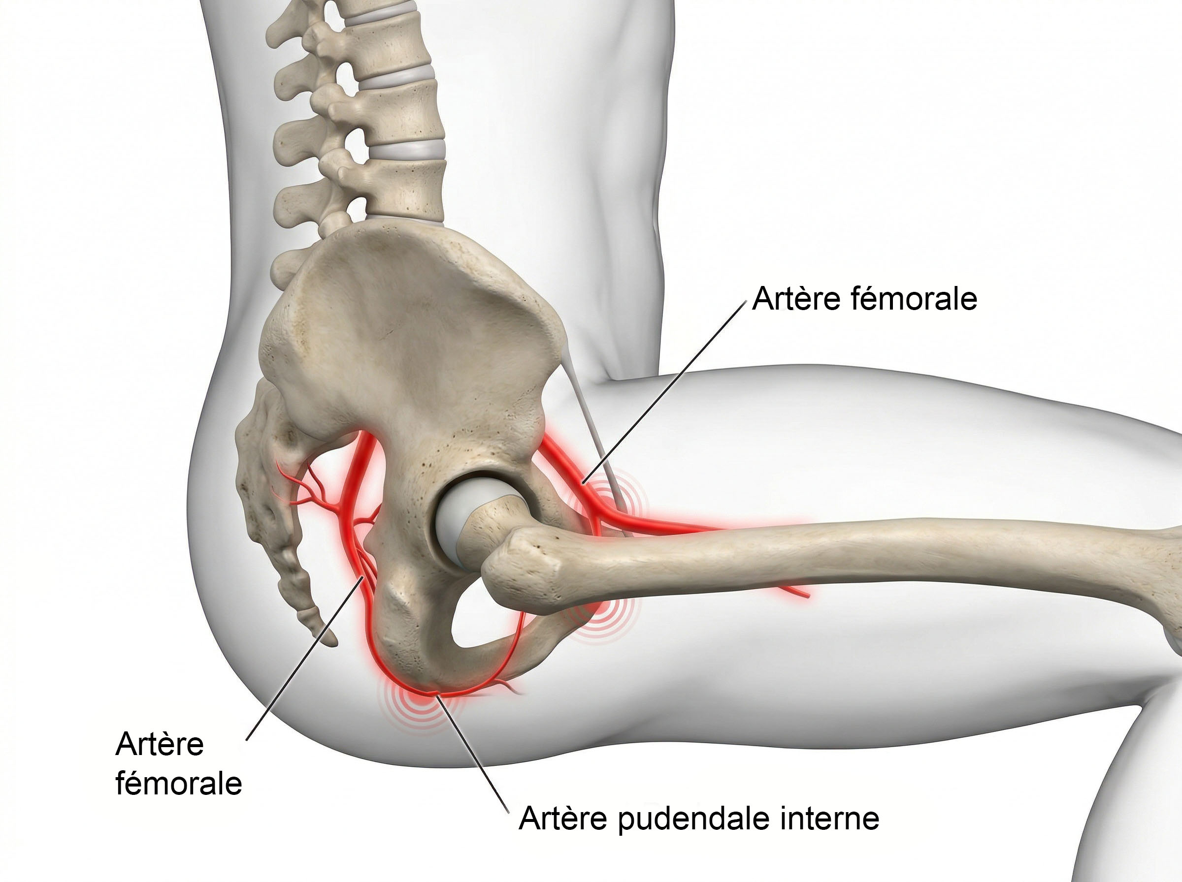 Schéma montrant la compression des vaisseaux pelviens lors de l'assise prolongée