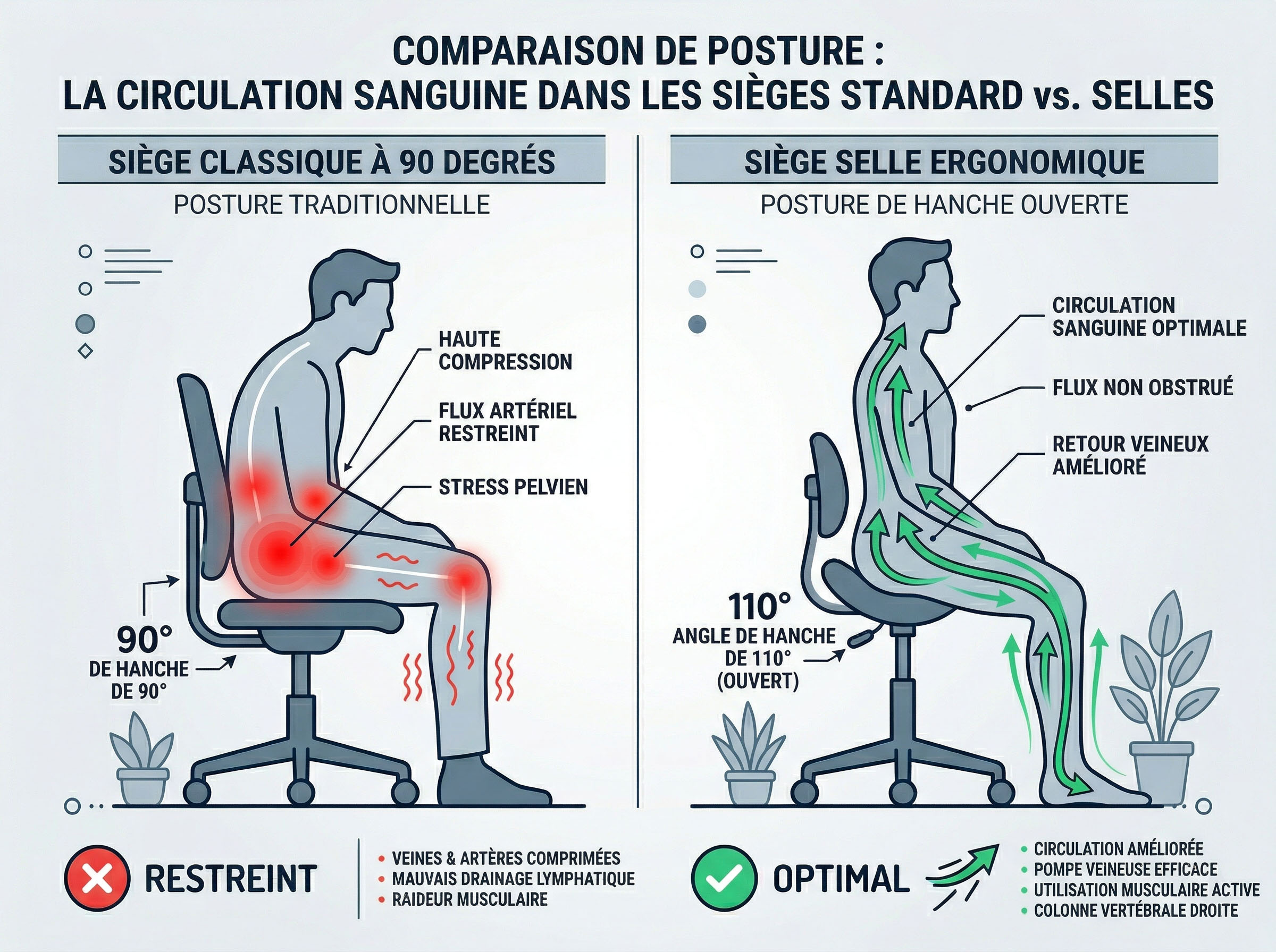 Comparaison posture assise standard vs posture ergonomique à hanche ouverte