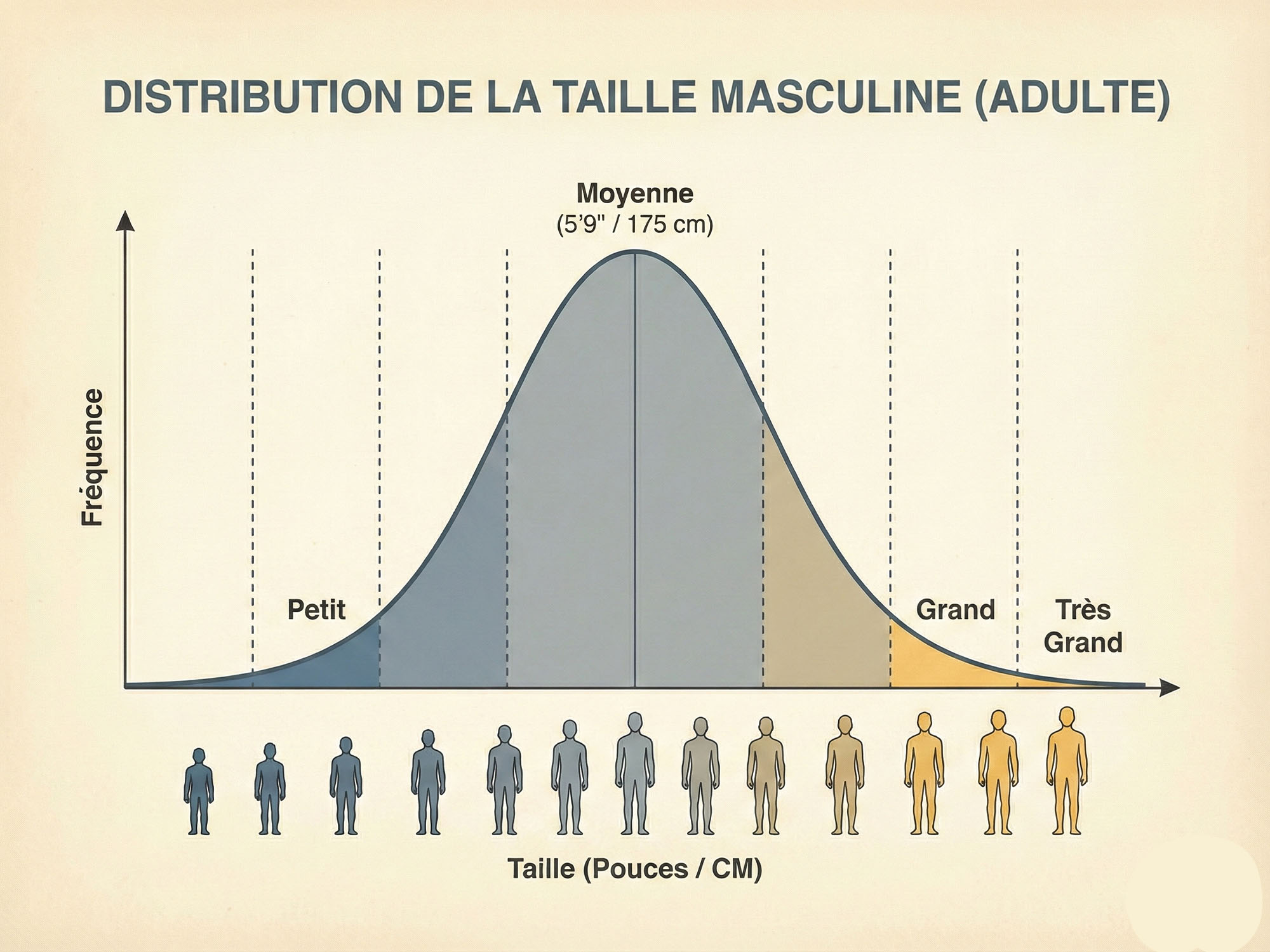 Graphique en forme de cloche de la distribution des tailles masculines.
