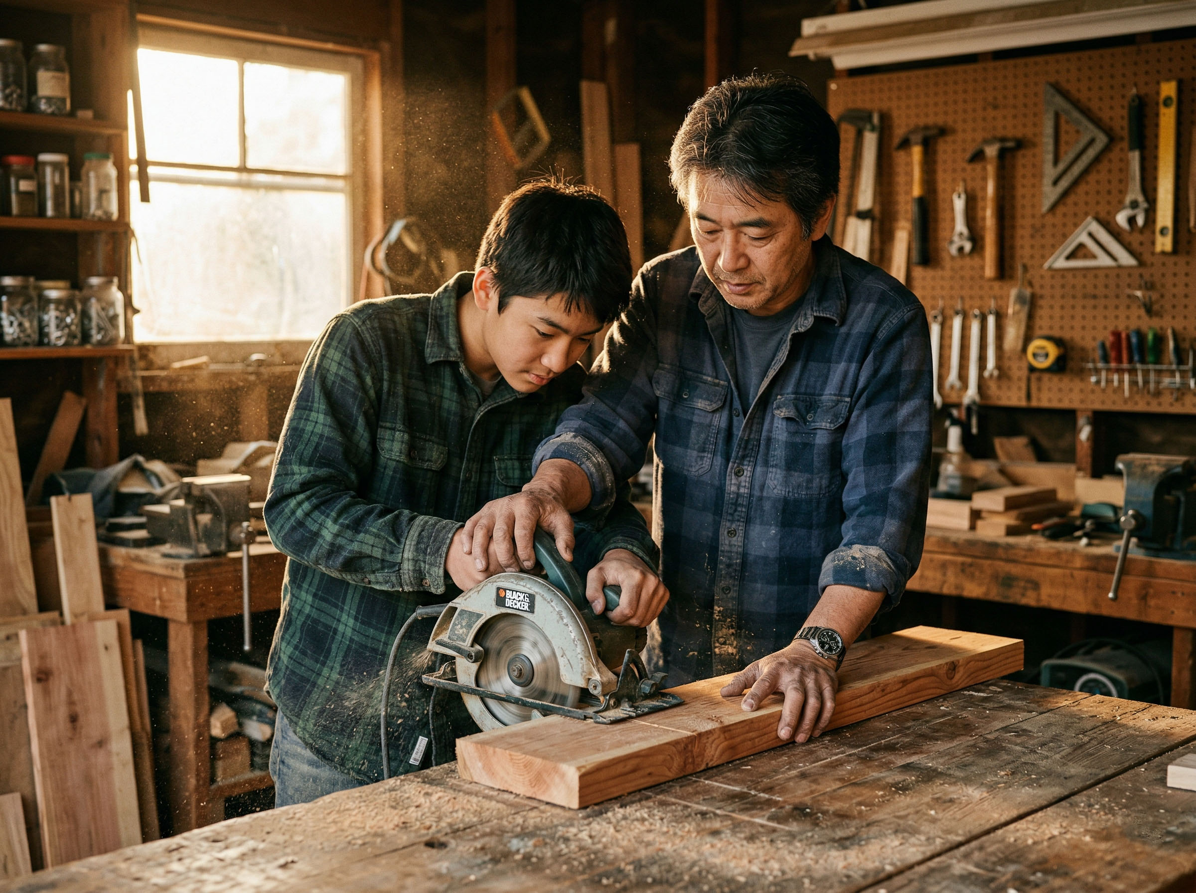 屋外でプロジェクトに一緒に取り組み、手を使って何かを築き上げている父親と息子