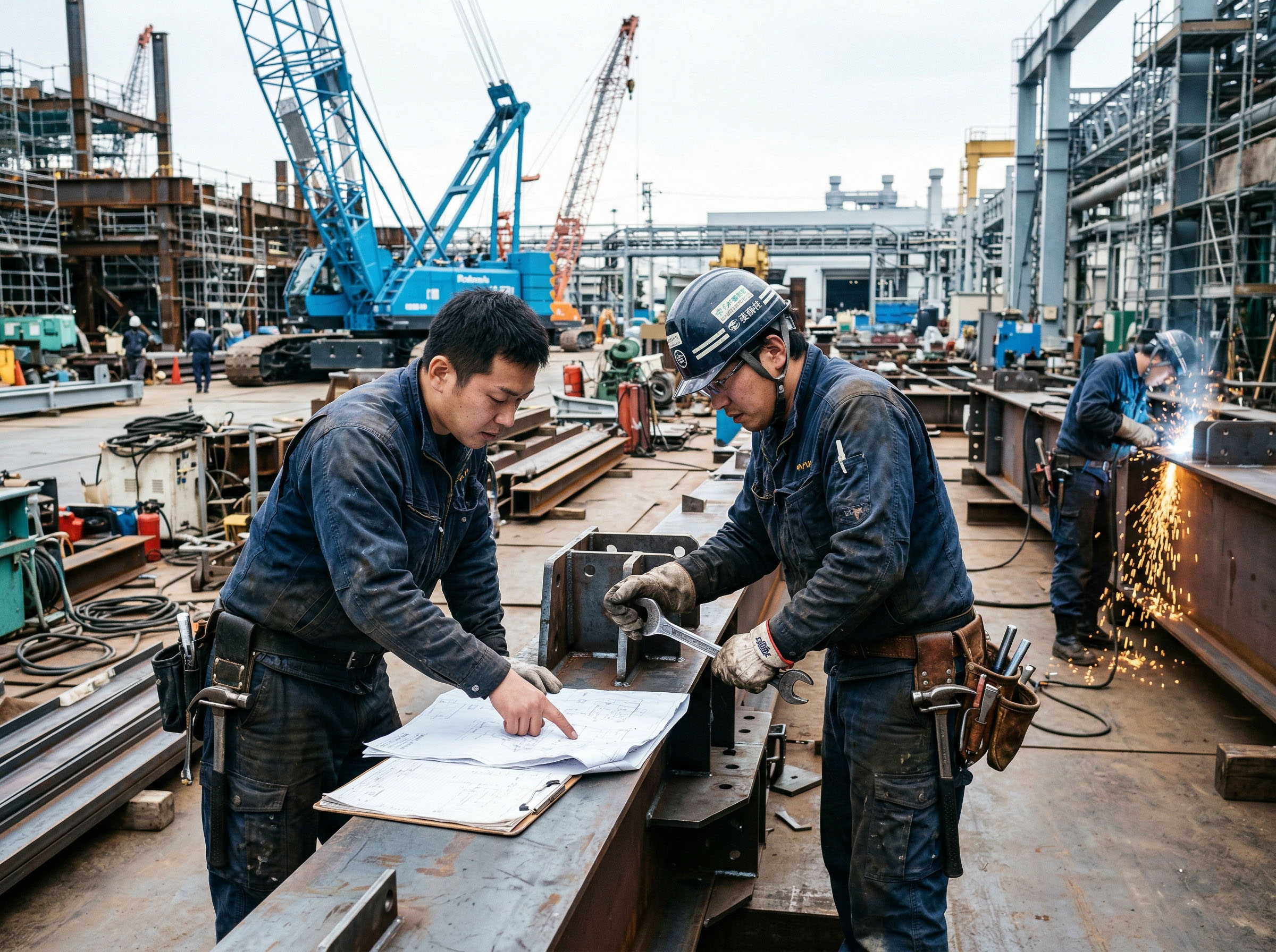 建設現場またはエンジニアリング現場で、集中して意欲的に働く二人の男性