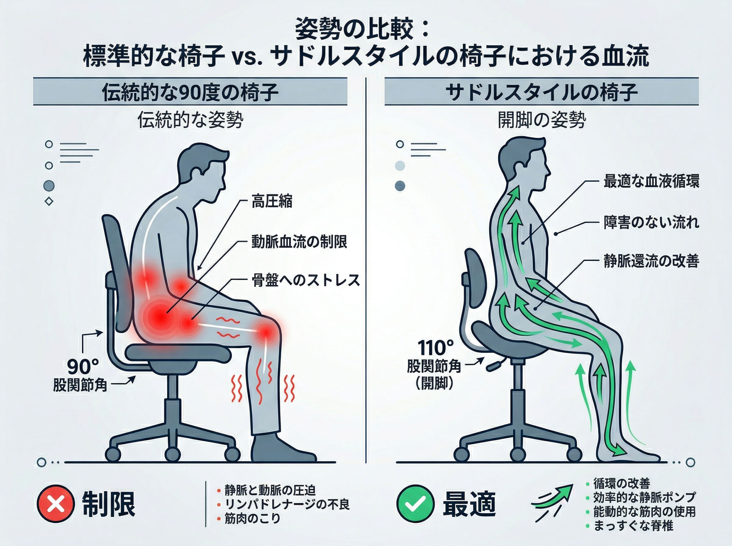 標準的な事務椅子の姿勢と、エルゴノミックな股関節を開いた姿勢の比較。骨盤の血流の違いを示す図