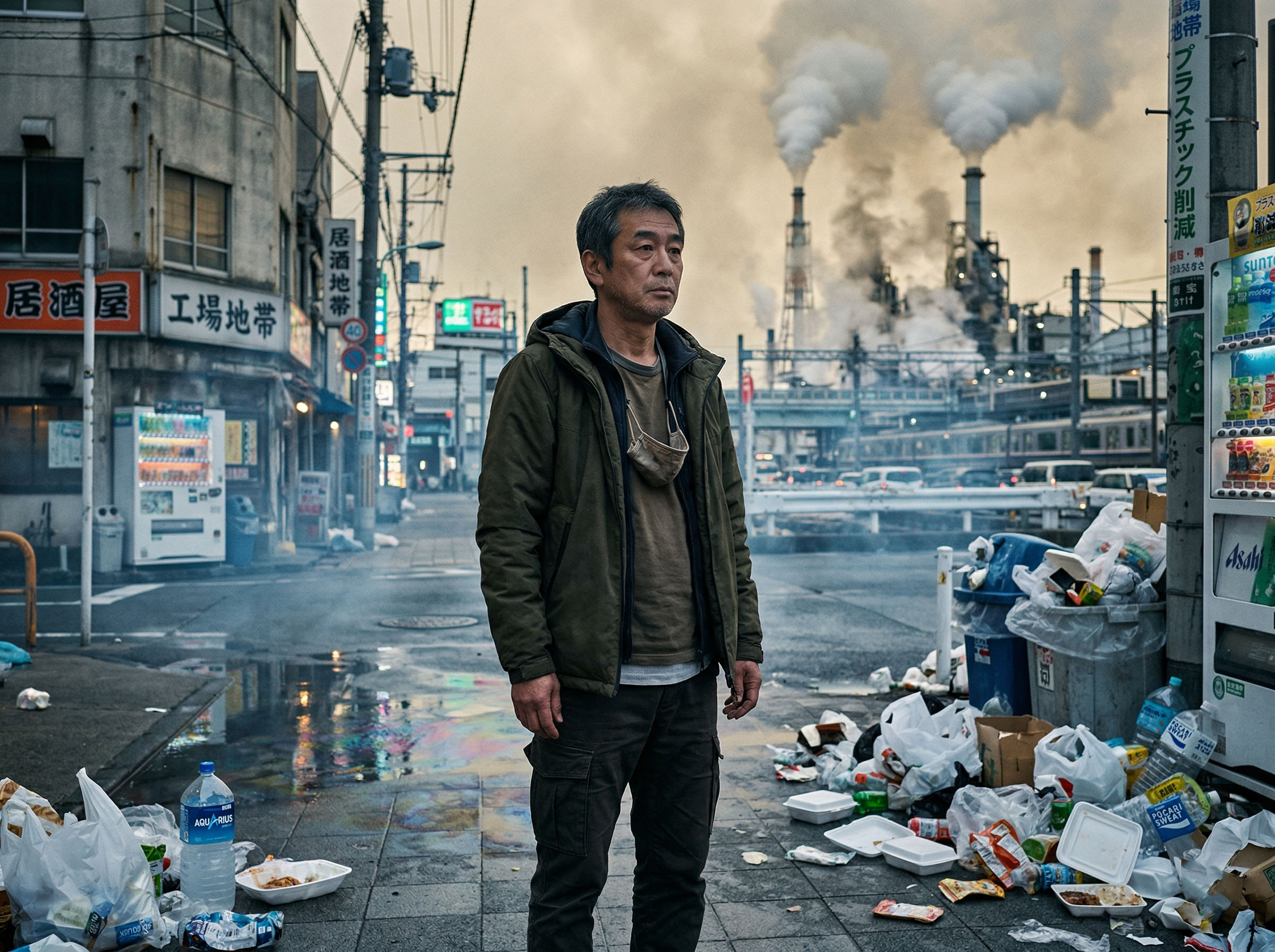 プラスチック包装や工業汚染に囲まれた都市環境にいる男性、男性エピジェネティクスへの化学的曝露リスクを表現