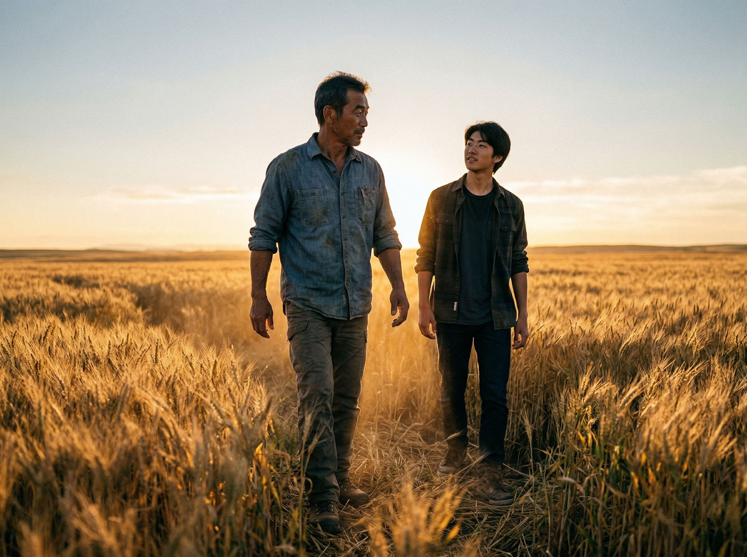 朝日の中、開けた野原を一緒に歩く父と息子。世代を超えた強さと家族の遺産を象徴している