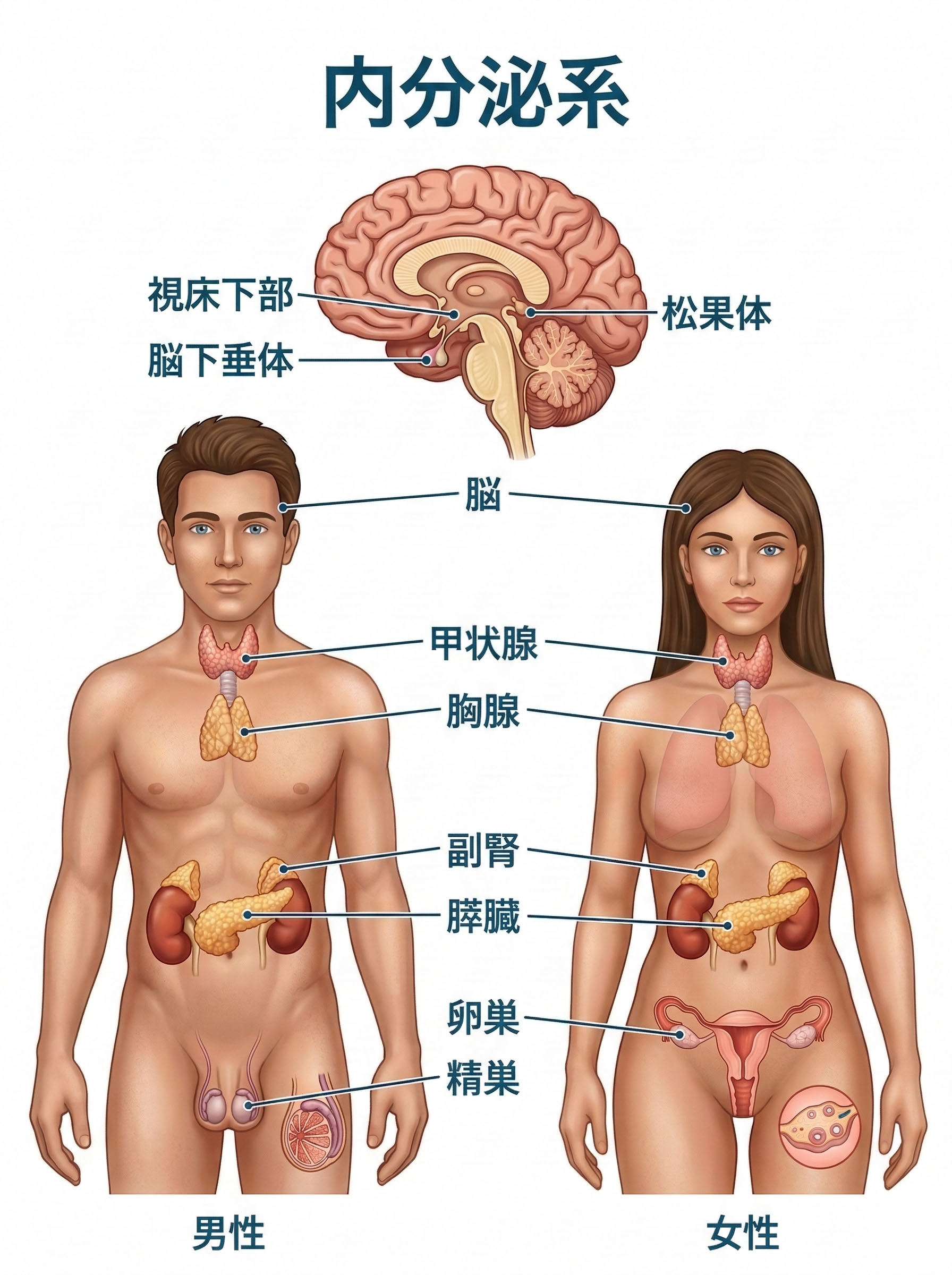 男性と女性のヒト内分泌系。