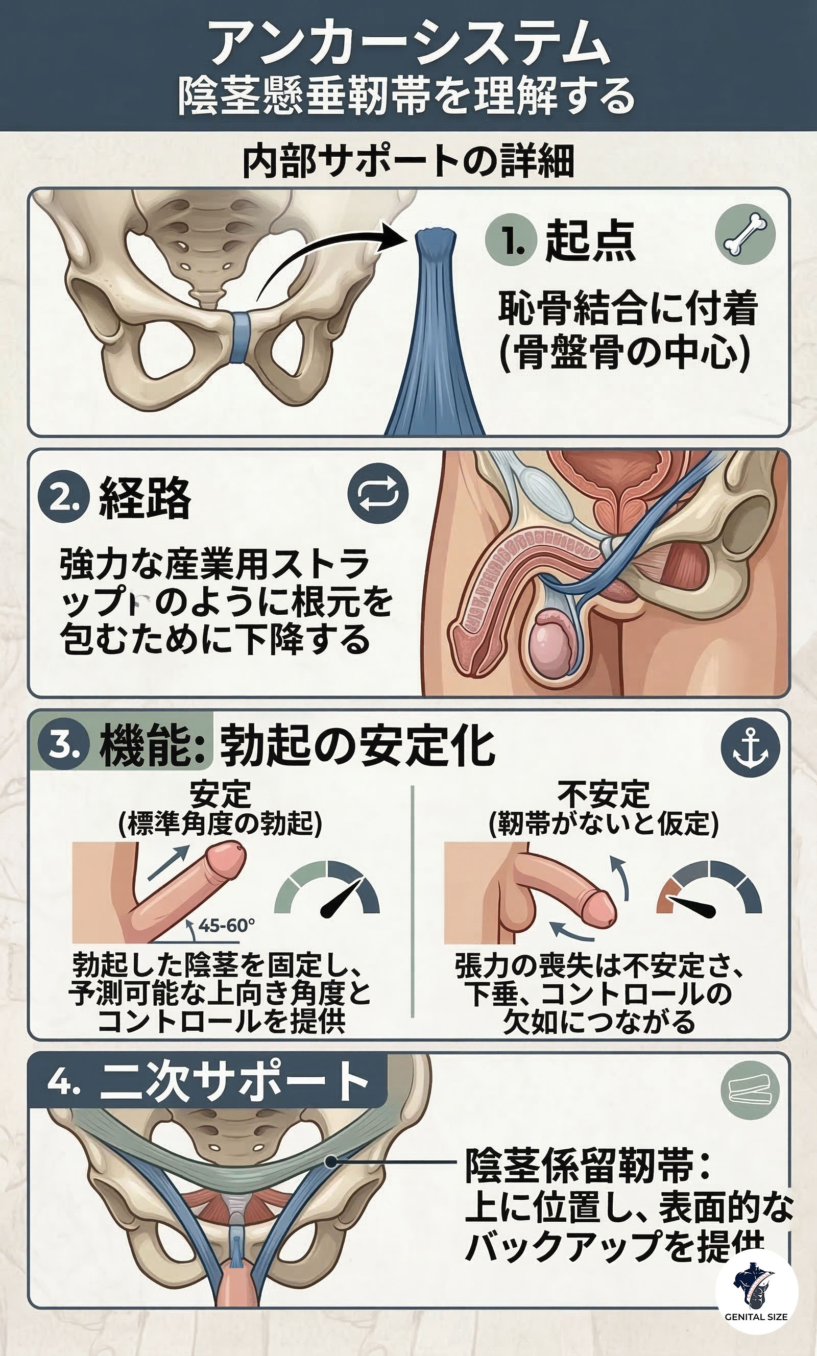 懸垂靭帯の解剖図と機能を説明するインフォグラフィック