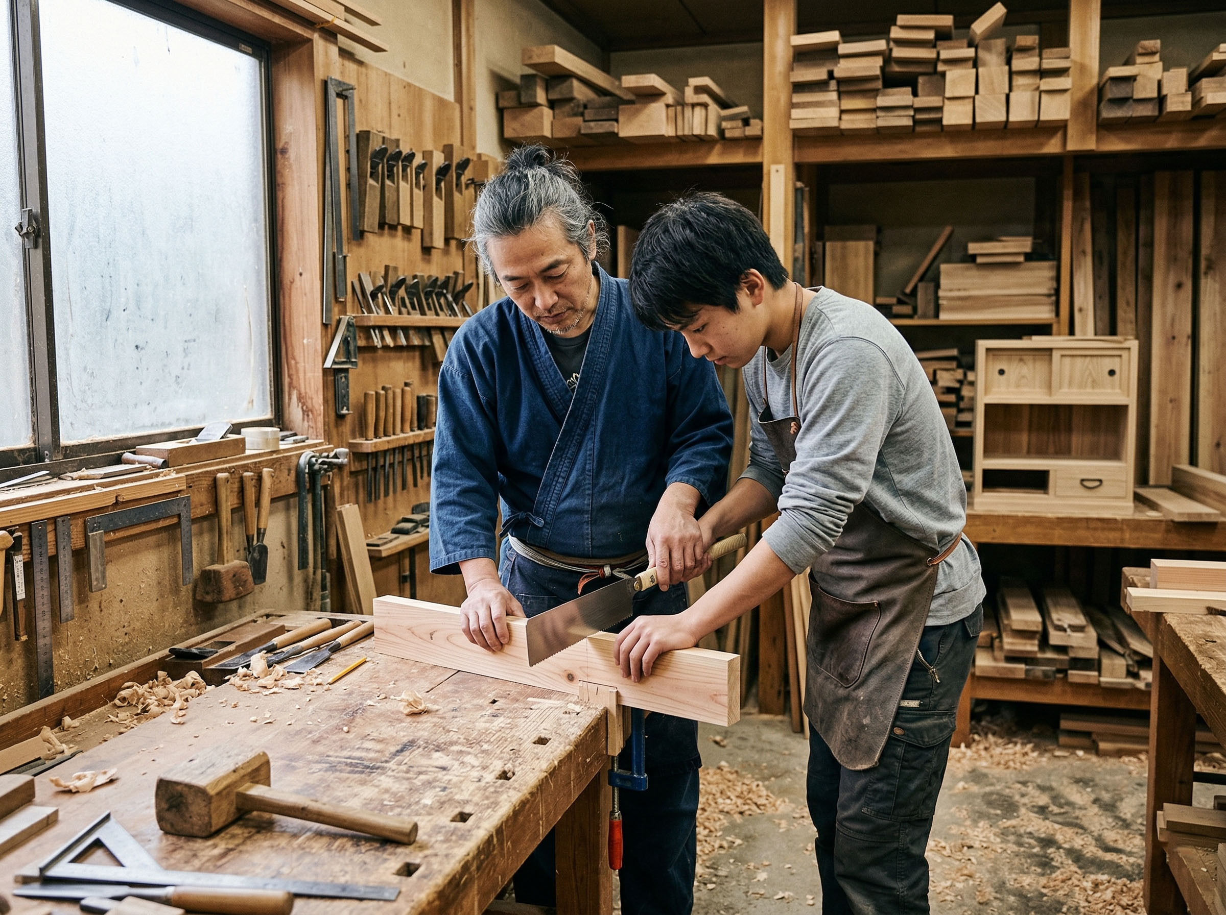 工房で息子に木工を教える父親