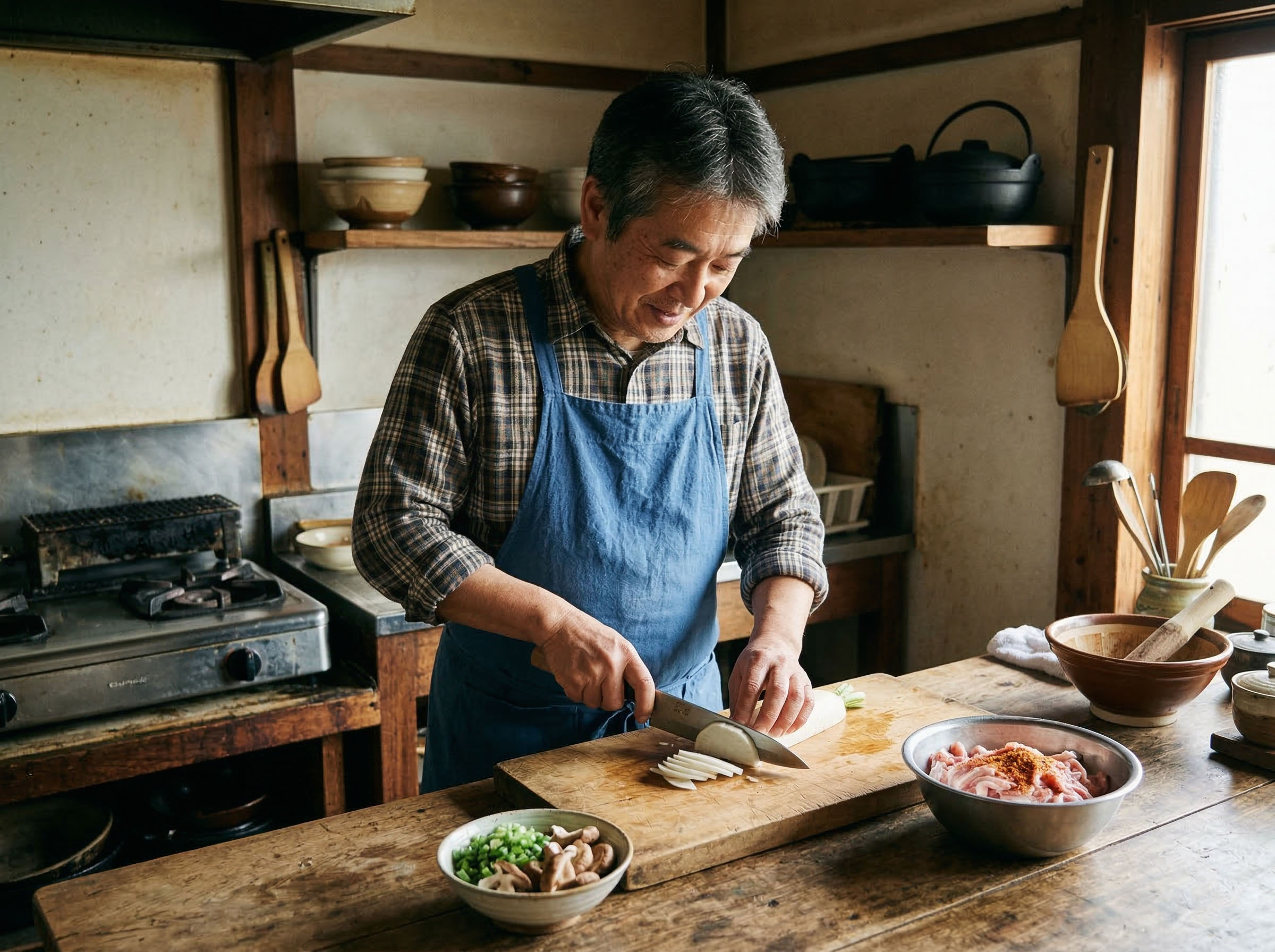 素朴なキッチンで料理の準備（野菜を刻む、または肉に味付け）をする男性。