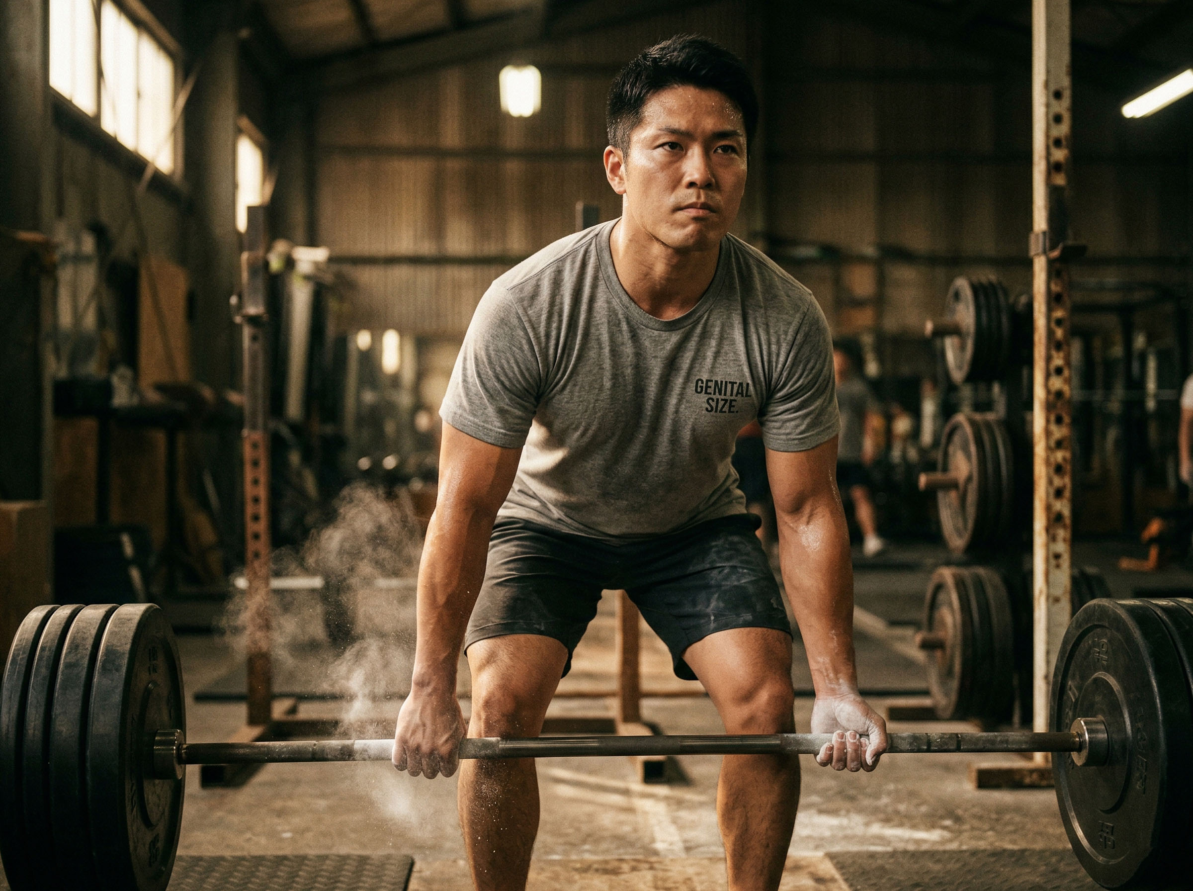 鉄のウェイトでジムでトレーニングする男性。規律、テストステロン、男性的意欲を象徴している