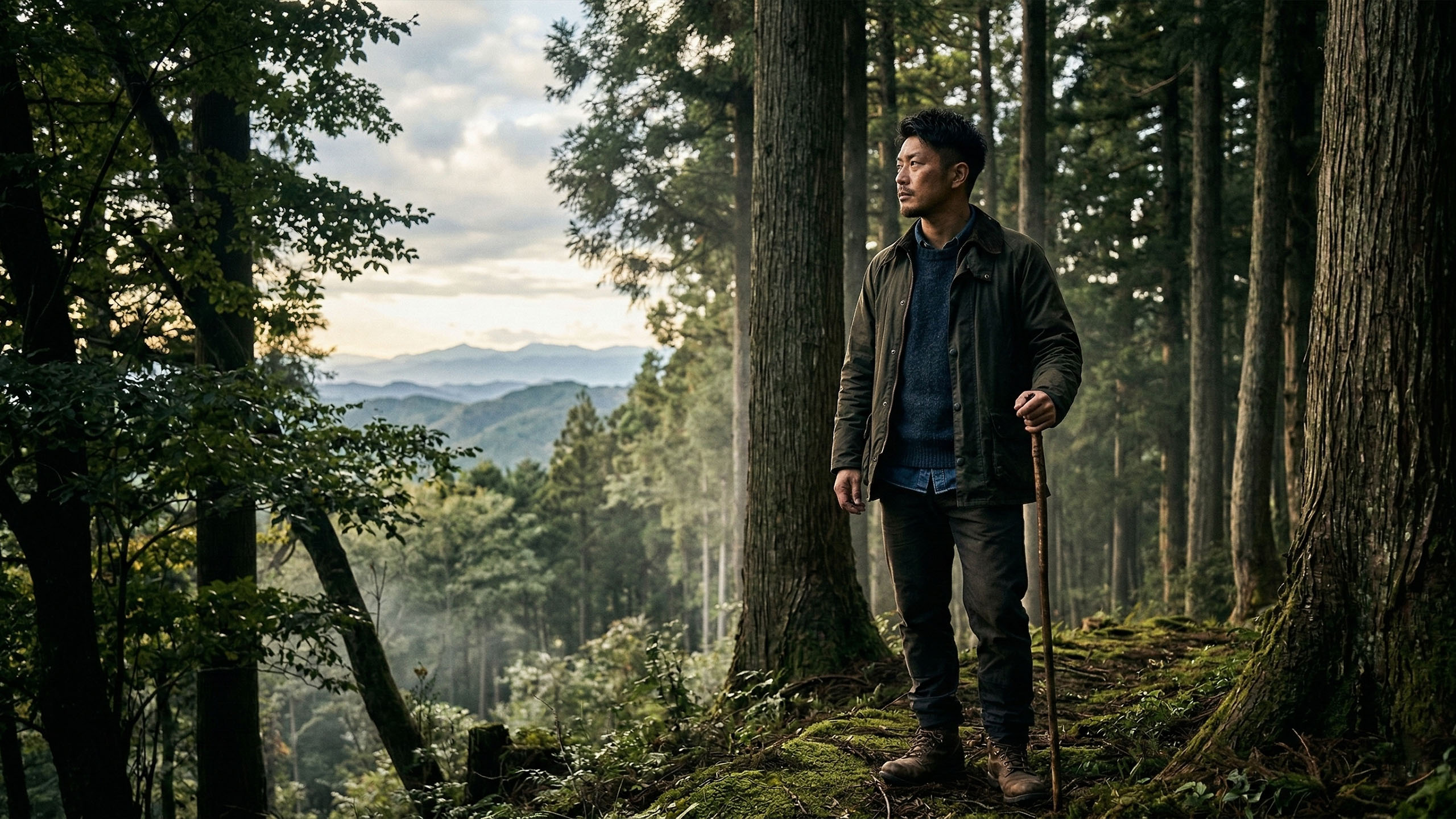 谷を見渡す決意ある男性。男性の健康と世代継承の象徴。