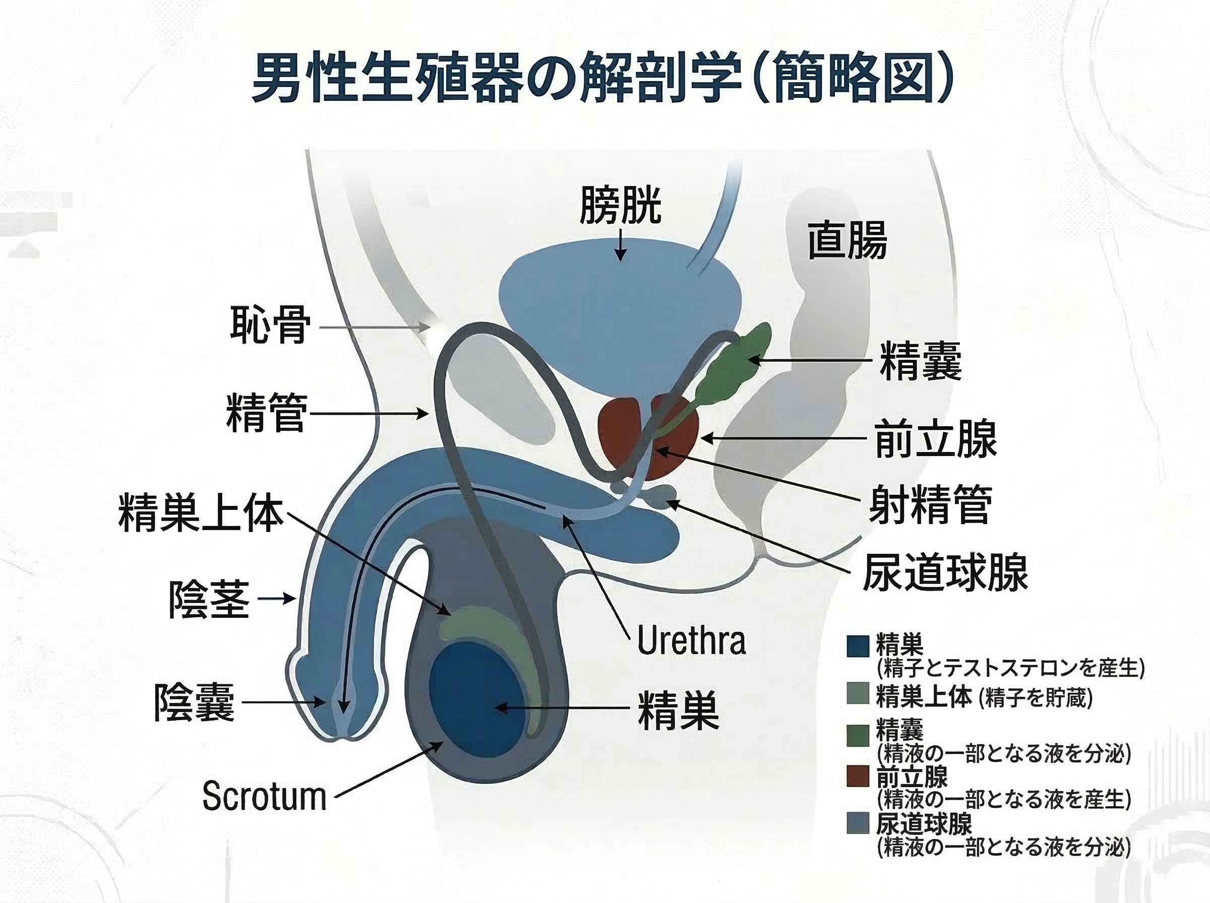 男性の生殖器構造の簡略図