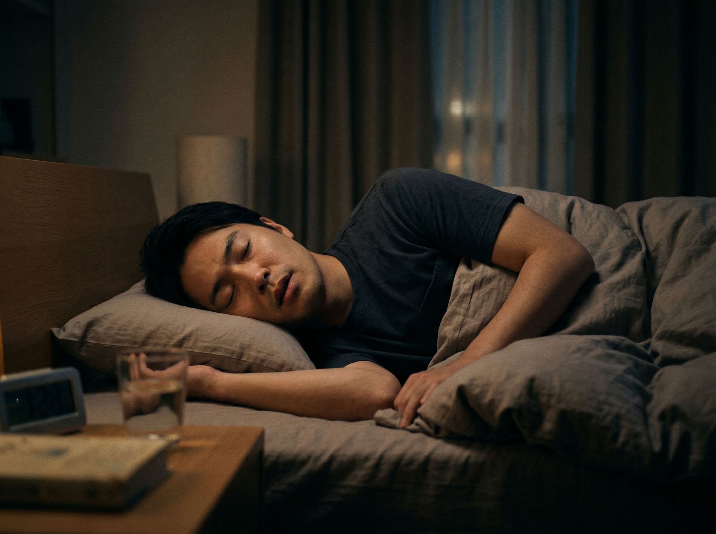 深い眠りについている男性。回復力のある睡眠とテストステロンの生成を象徴している