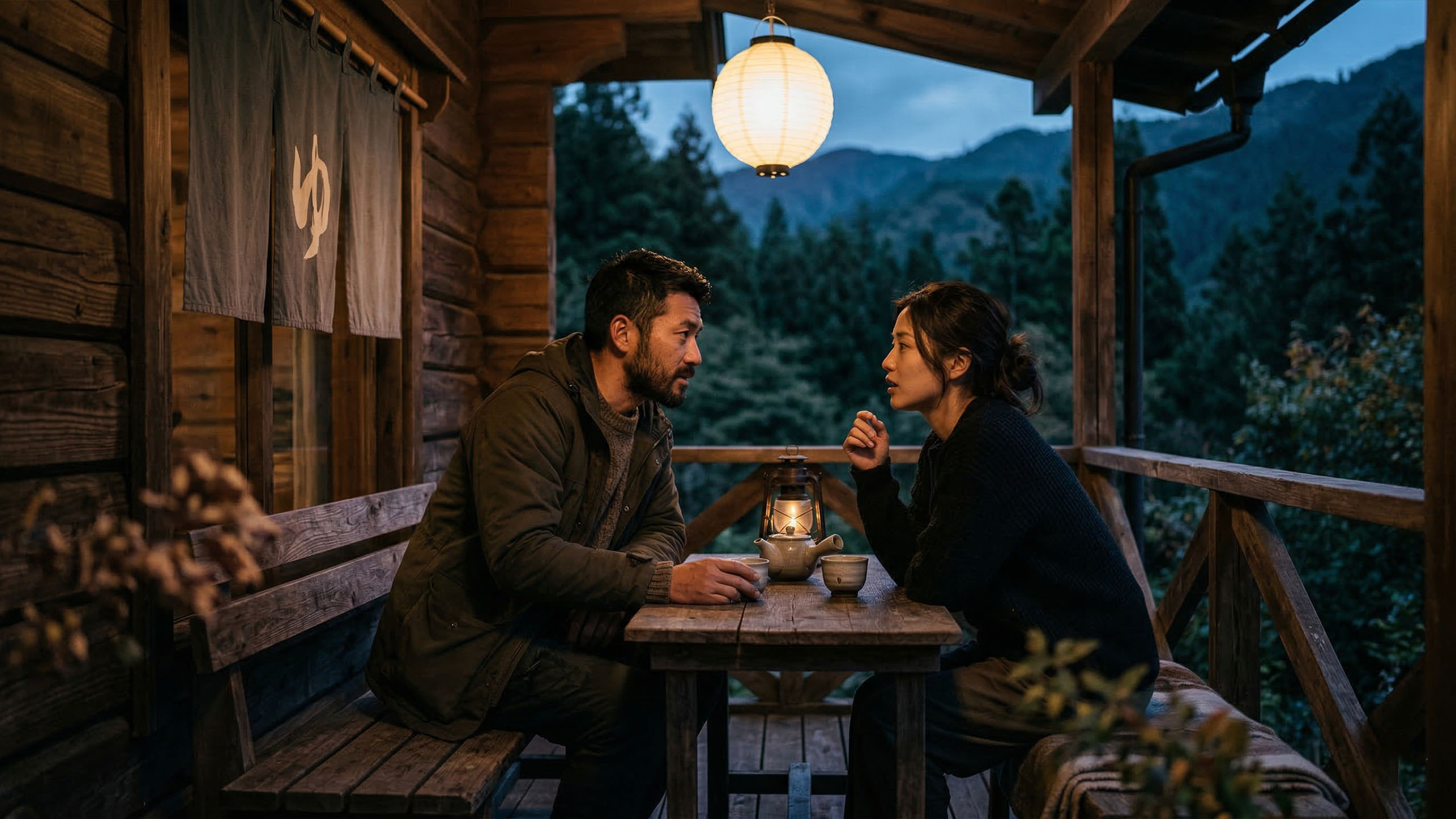 自信ある男性が田舎の屋外設定で女性の話を熱心に聞いている。