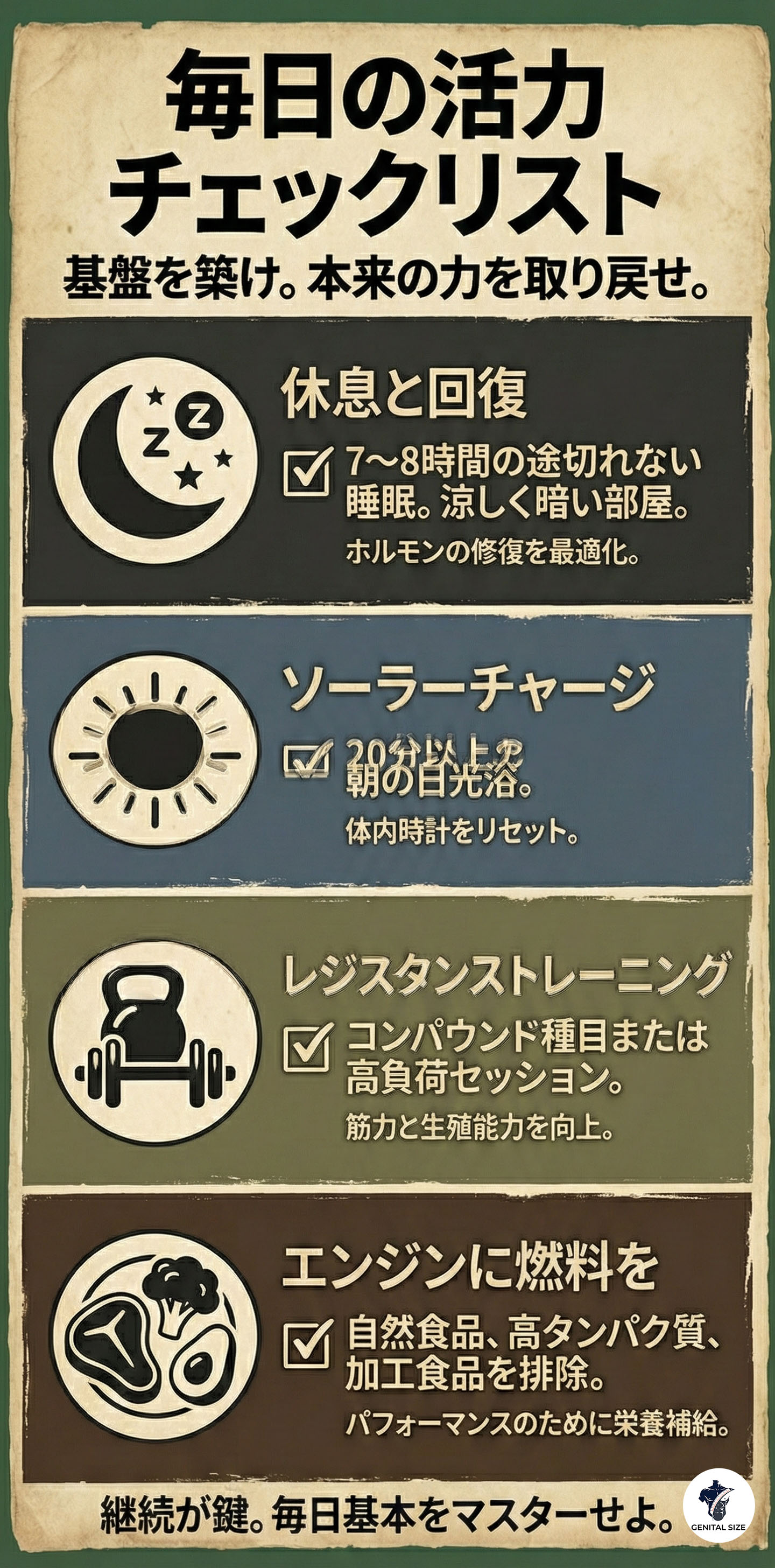 「毎日の活力チェックリスト」と題された垂直型のインフォグラフィック。休息、日光、筋力トレーニング、栄養の4つの柱を無骨なスタイルで紹介している。