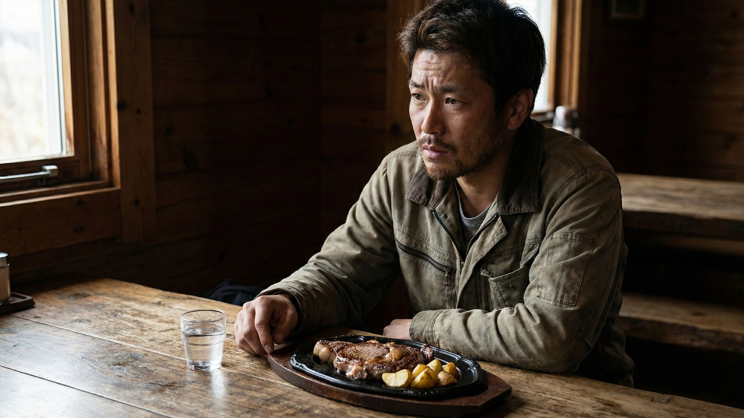 木製のテーブルで伝統的でボリュームのある食事を楽しむ、たくましい男性。