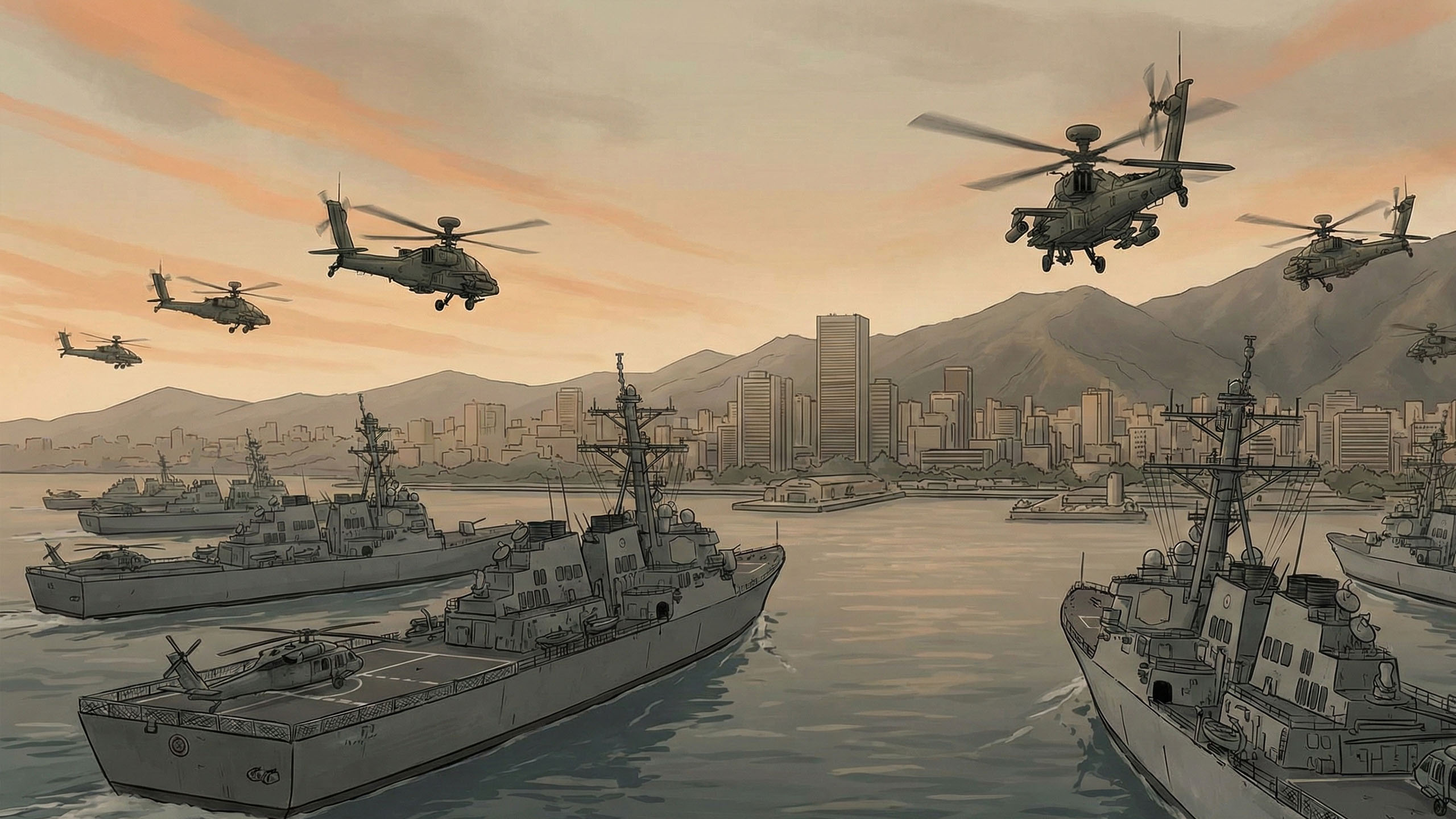 米国軍がベネズエラに入りマドゥロを捕縛するイラスト。