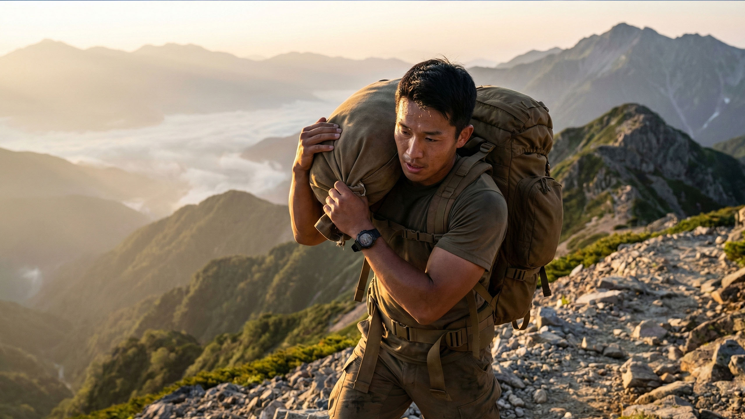 屋外で機能的な担ぎ運動を行う、屈強な装備の男性。古代戦士の訓練を象徴している。
