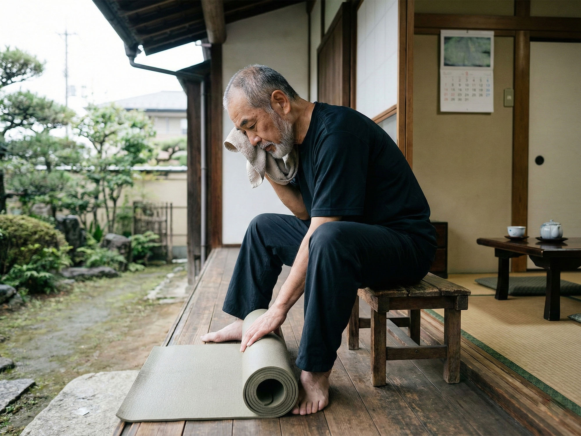 日々のルーチンと身体的準備を通じて規律あるセルフケアを実践する男性