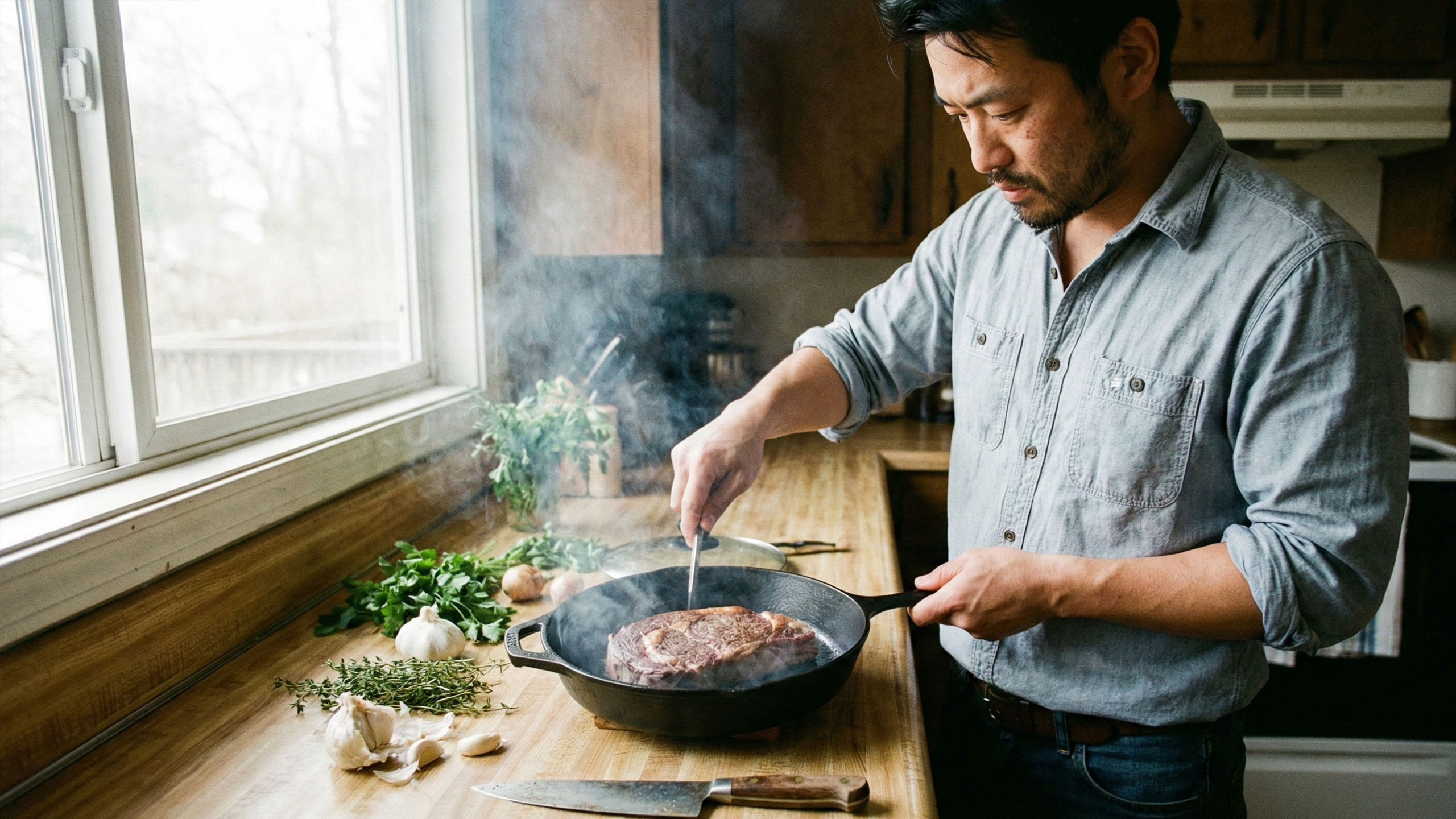 高タンパクな食事を準備する男性。パフォーマンス栄養と担い手の役割を象徴。