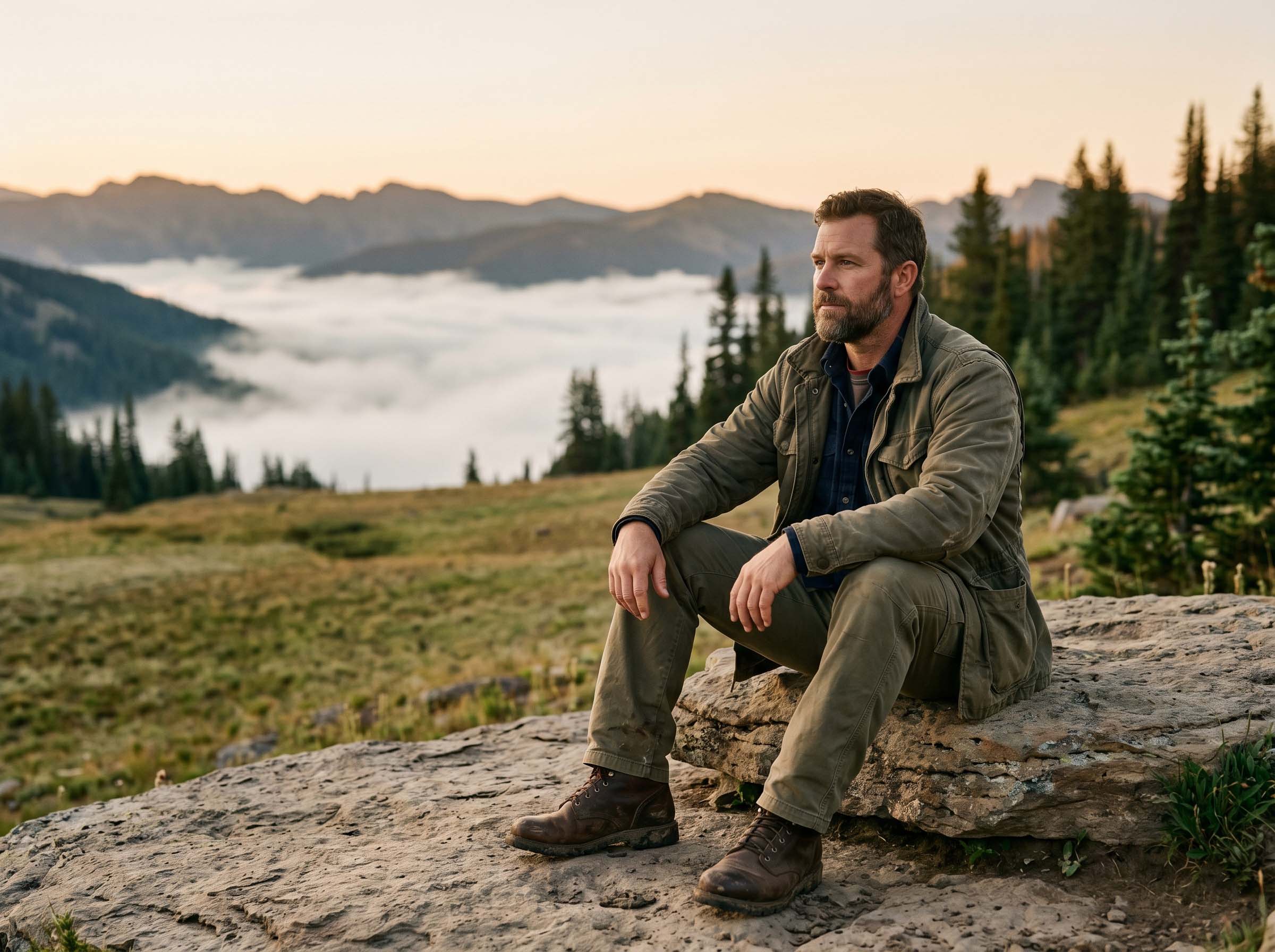 A man sitting quietly in reflection at dawn, rugged and composed