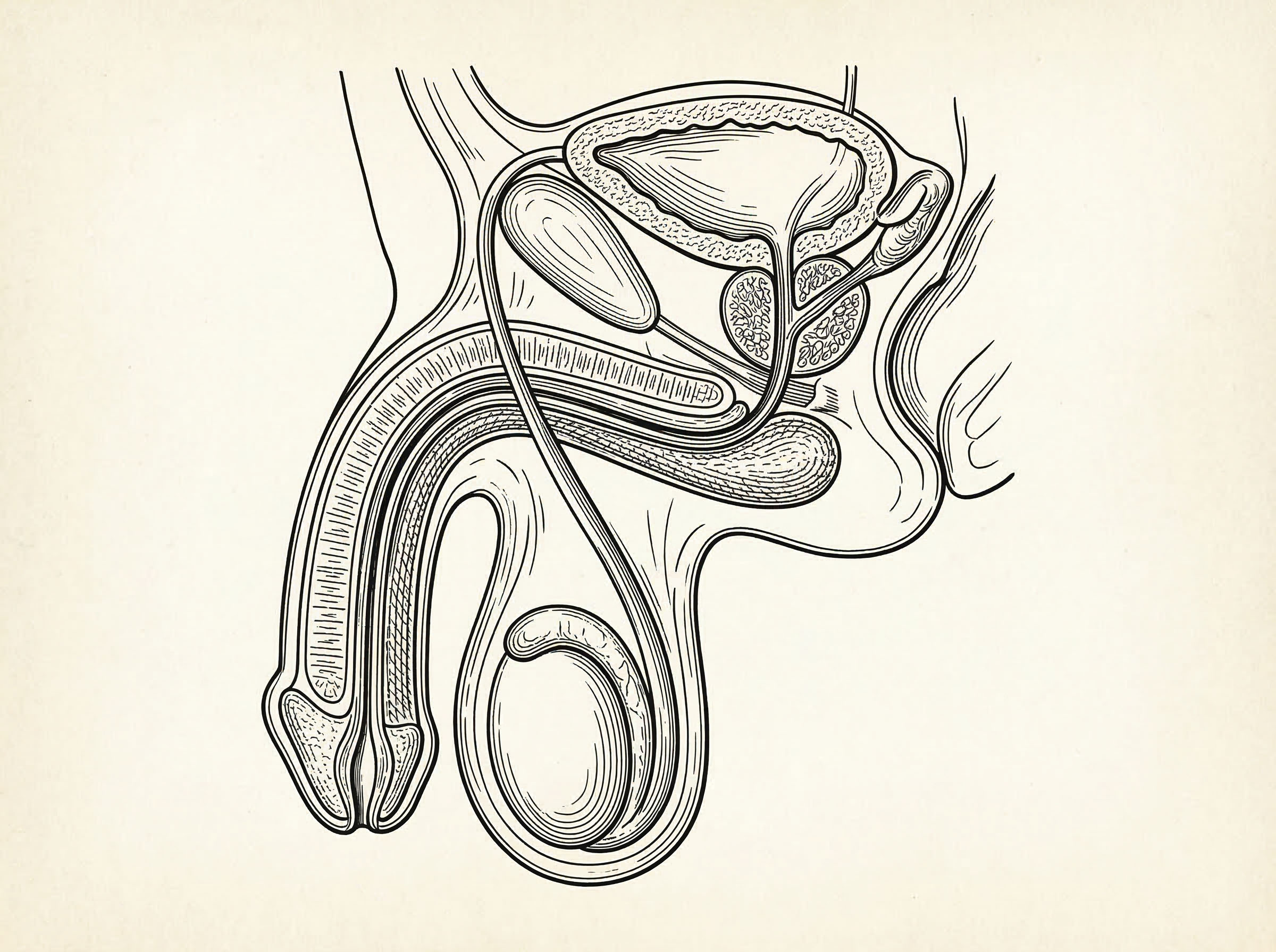 Un dibujo técnico detallado en sección transversal que muestra las cámaras internas y la anatomía estructural del sistema reproductivo masculino en un estilo de plano antiguo.