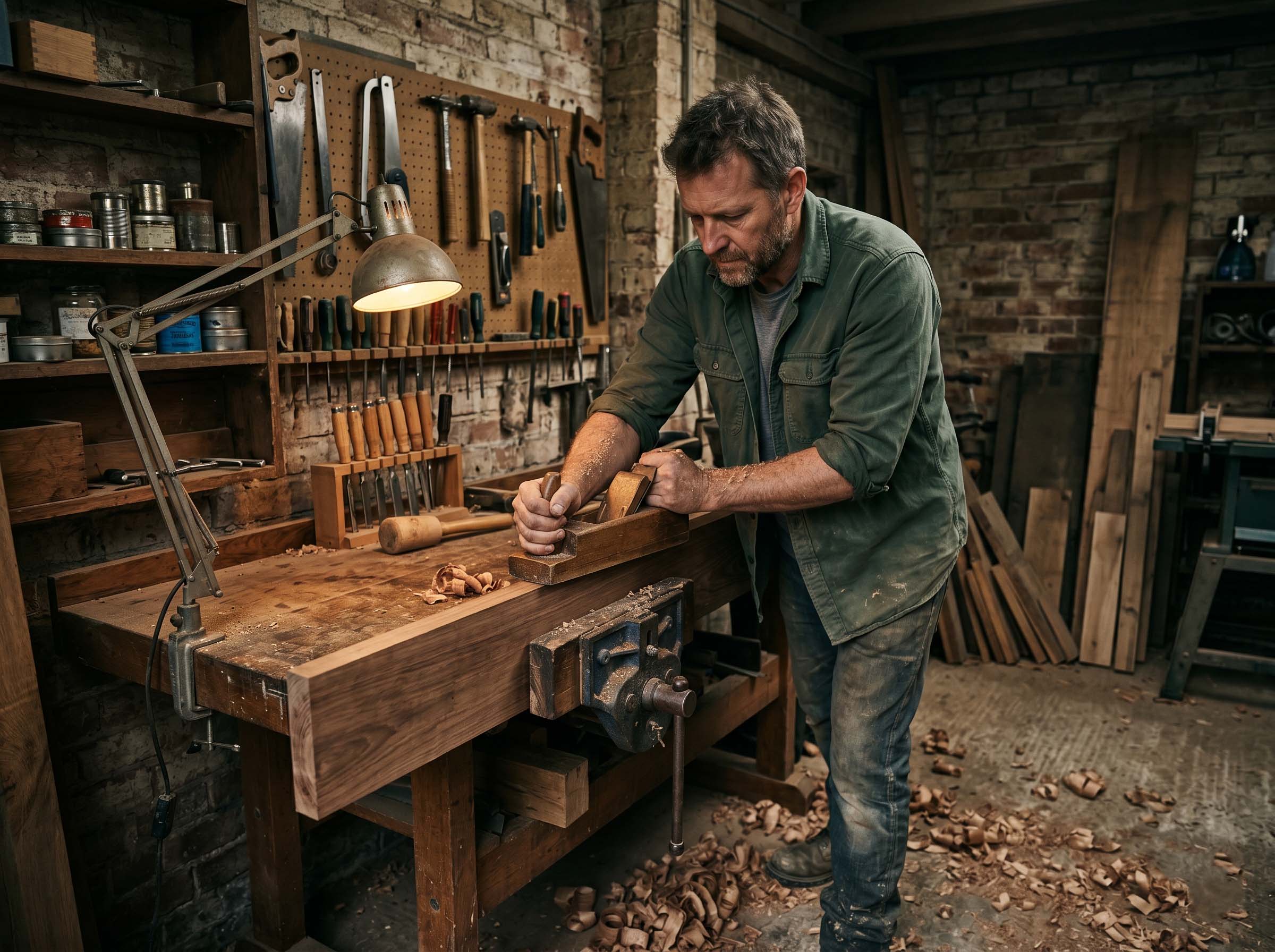 A man working in a workshop, building with his hands — rugged self-expression through craft