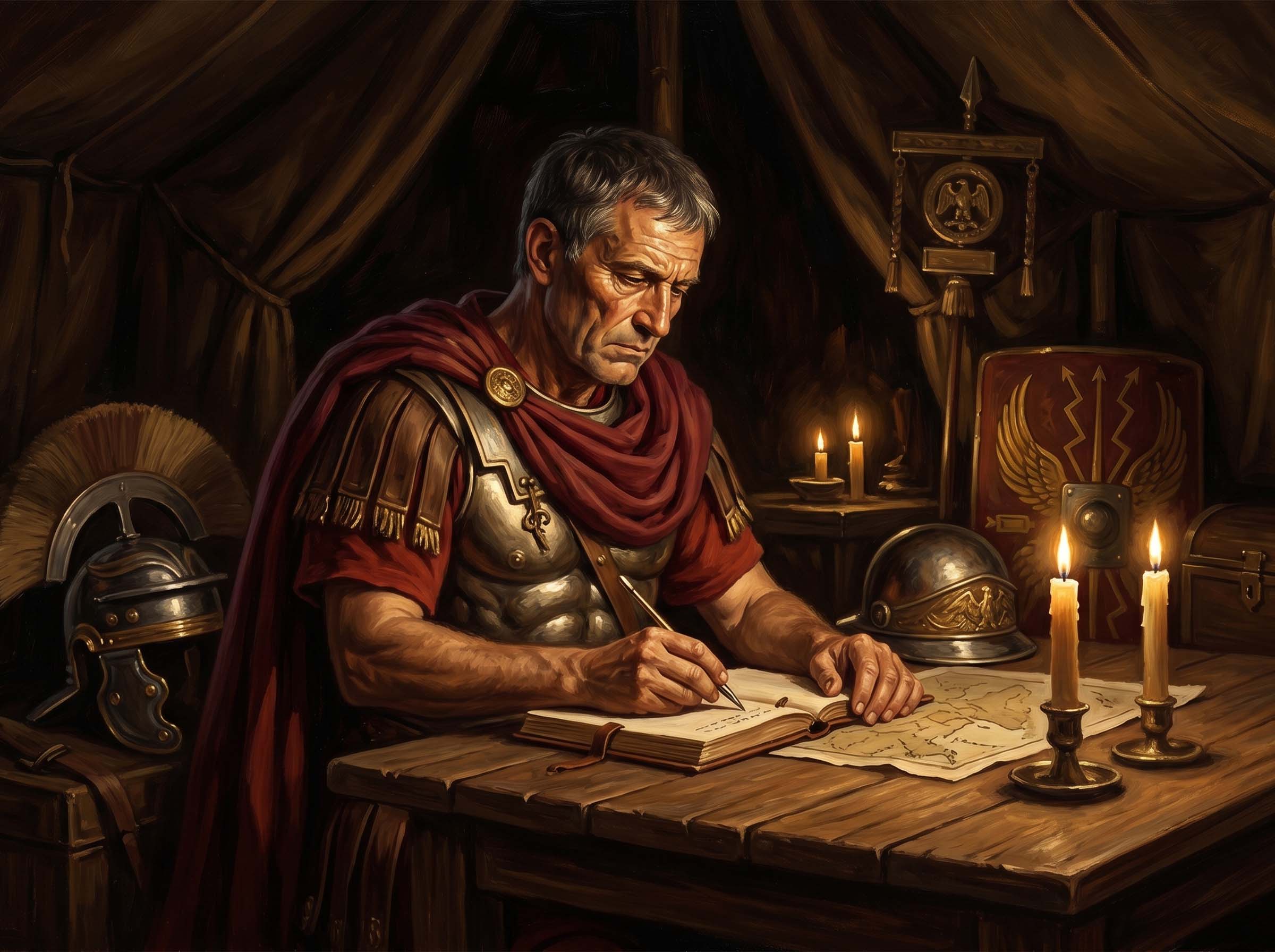 Illustration of Marcus Aurelius writing his Meditations, warrior-philosopher of ancient Rome