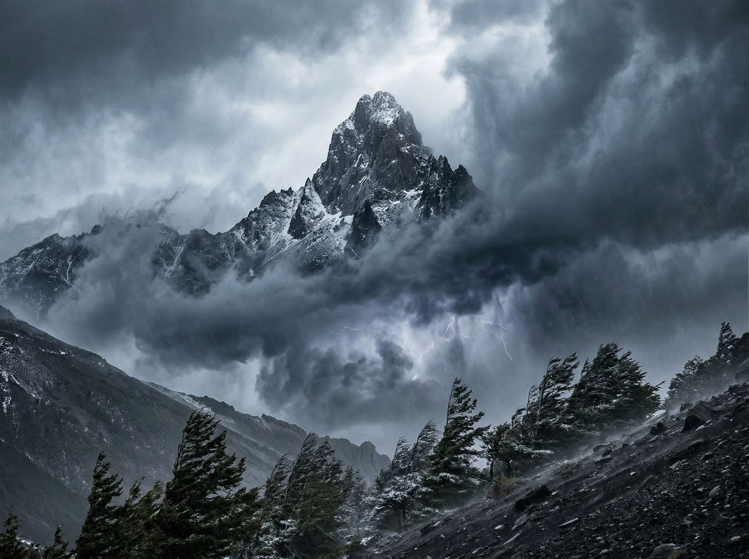 A rugged mountain peak standing strong against a storm