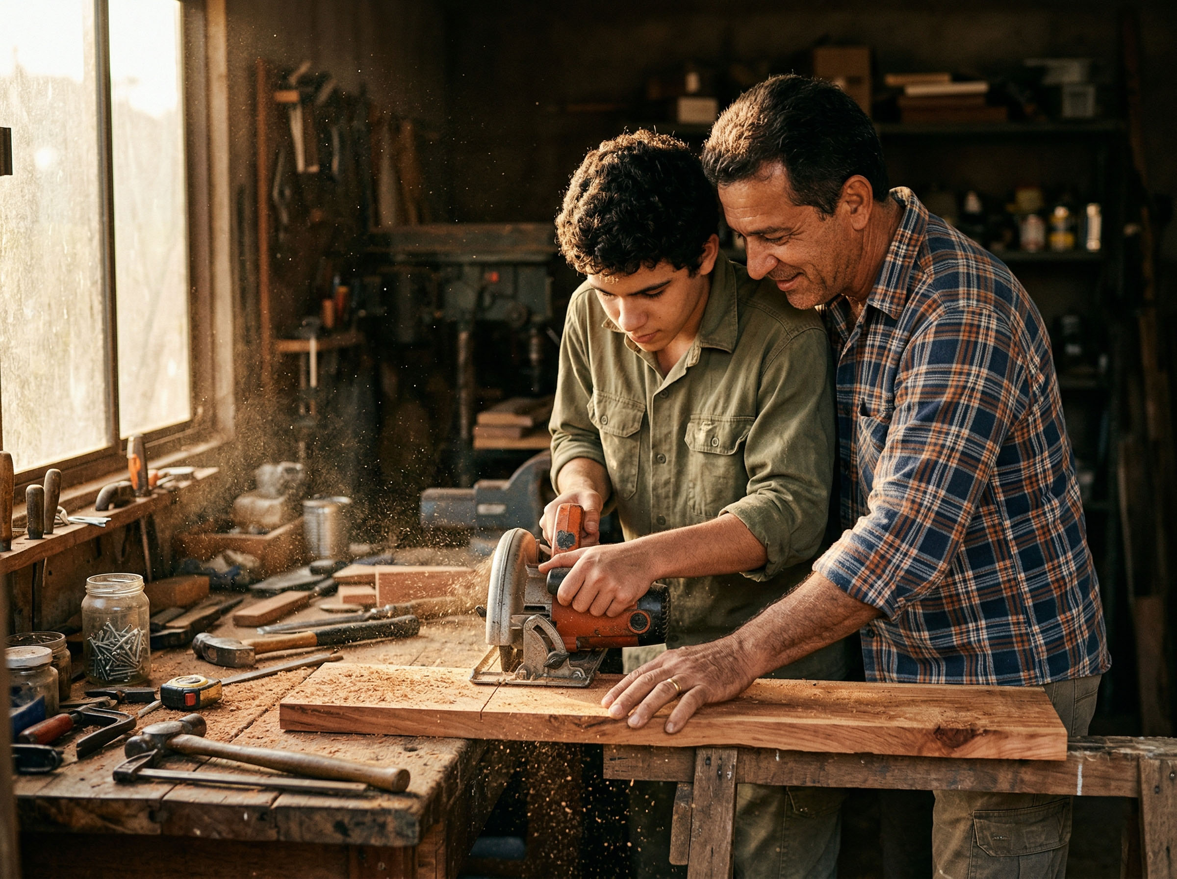 Pai e filho trabalhando juntos em um projeto ao ar livre, construindo algo com as mãos