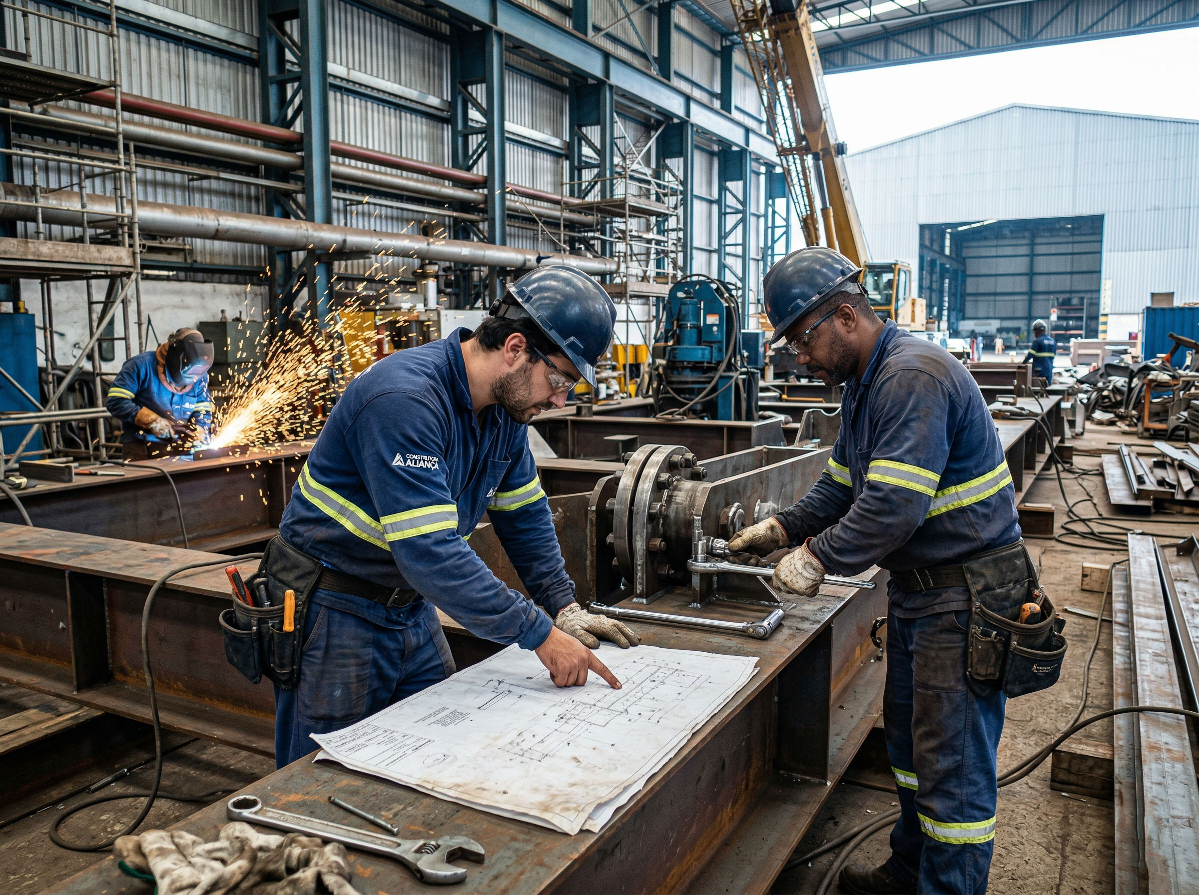 Dois homens trabalhando intensamente em um canteiro de obras ou engenharia, focados e determinados