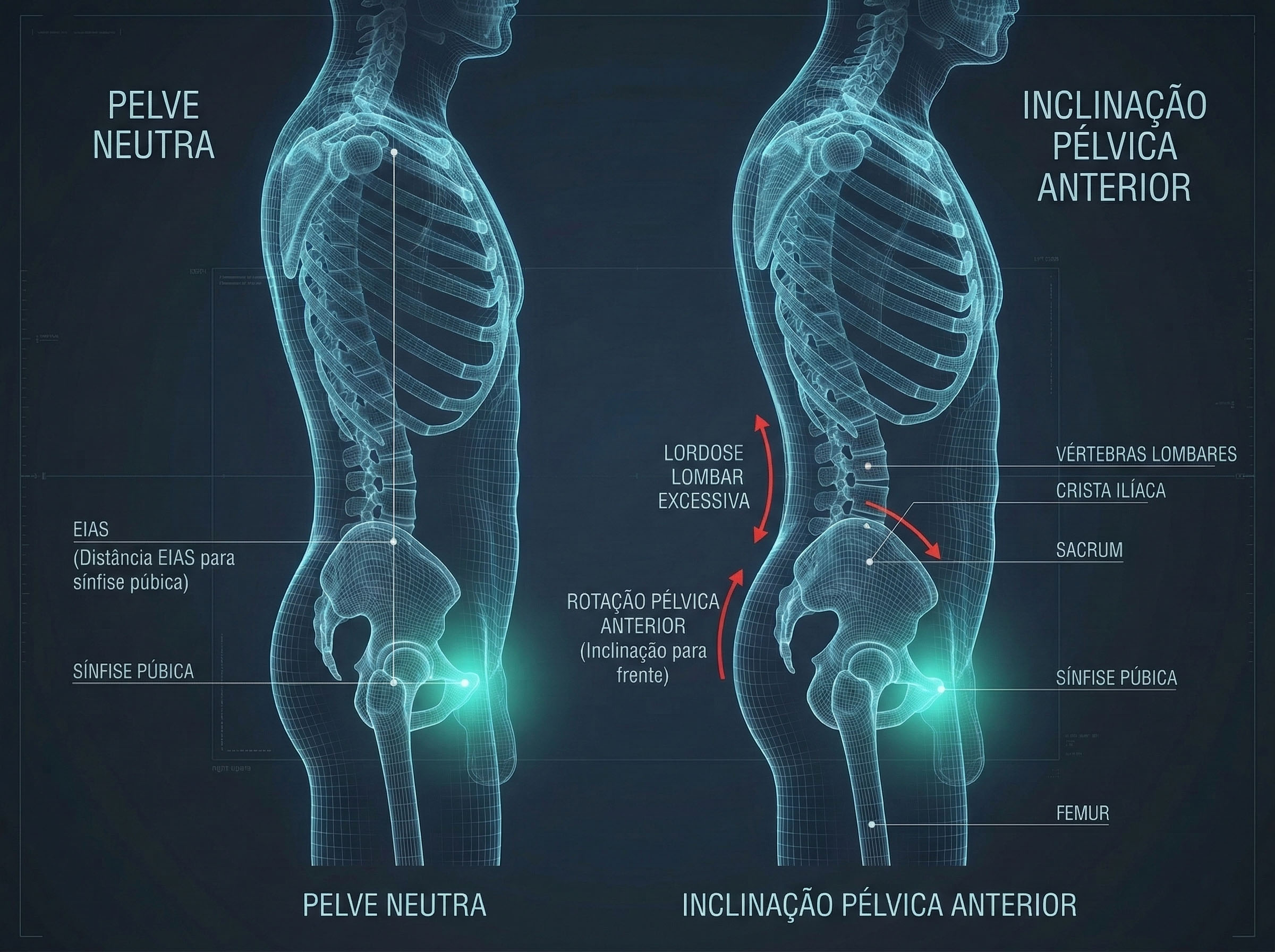 Diagrama mostrando o alinhamento esquelético de uma pélvis neutra versus Inclinação Pélvica Anterior