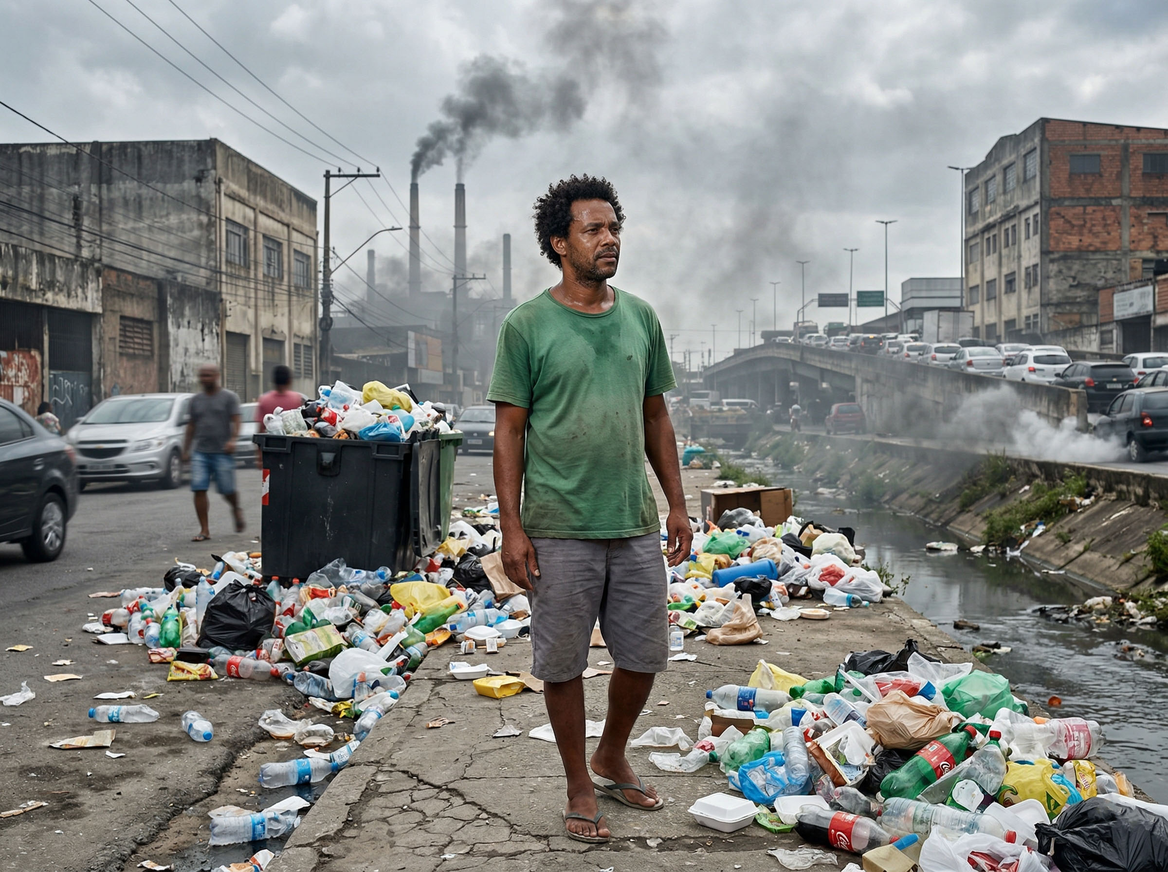 Homem em ambiente urbano cercado por embalagens plásticas e poluição industrial representando riscos de exposição química à epigenética masculina