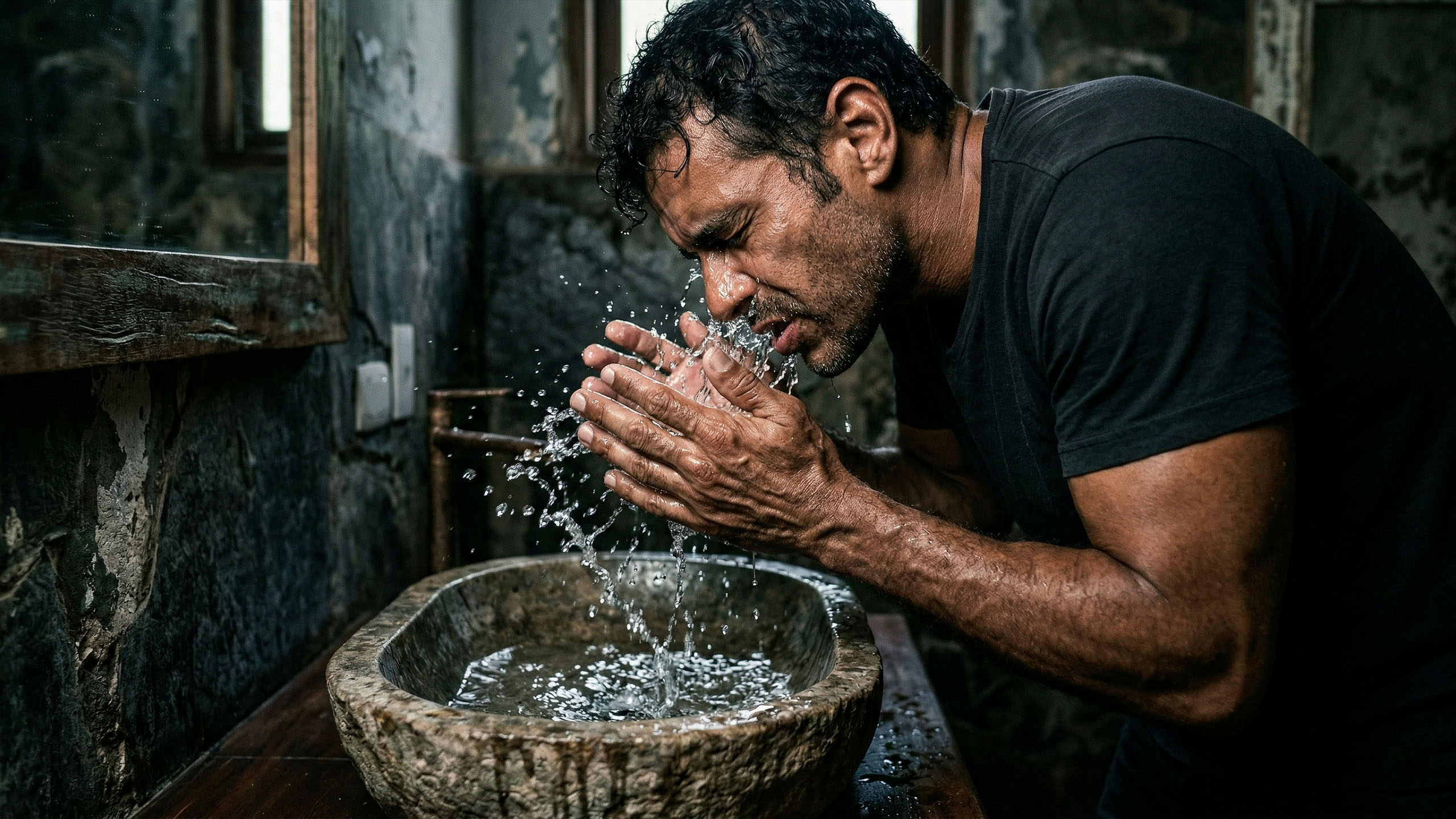 Um homem com barba curta joga água no rosto em um banheiro minimalista.