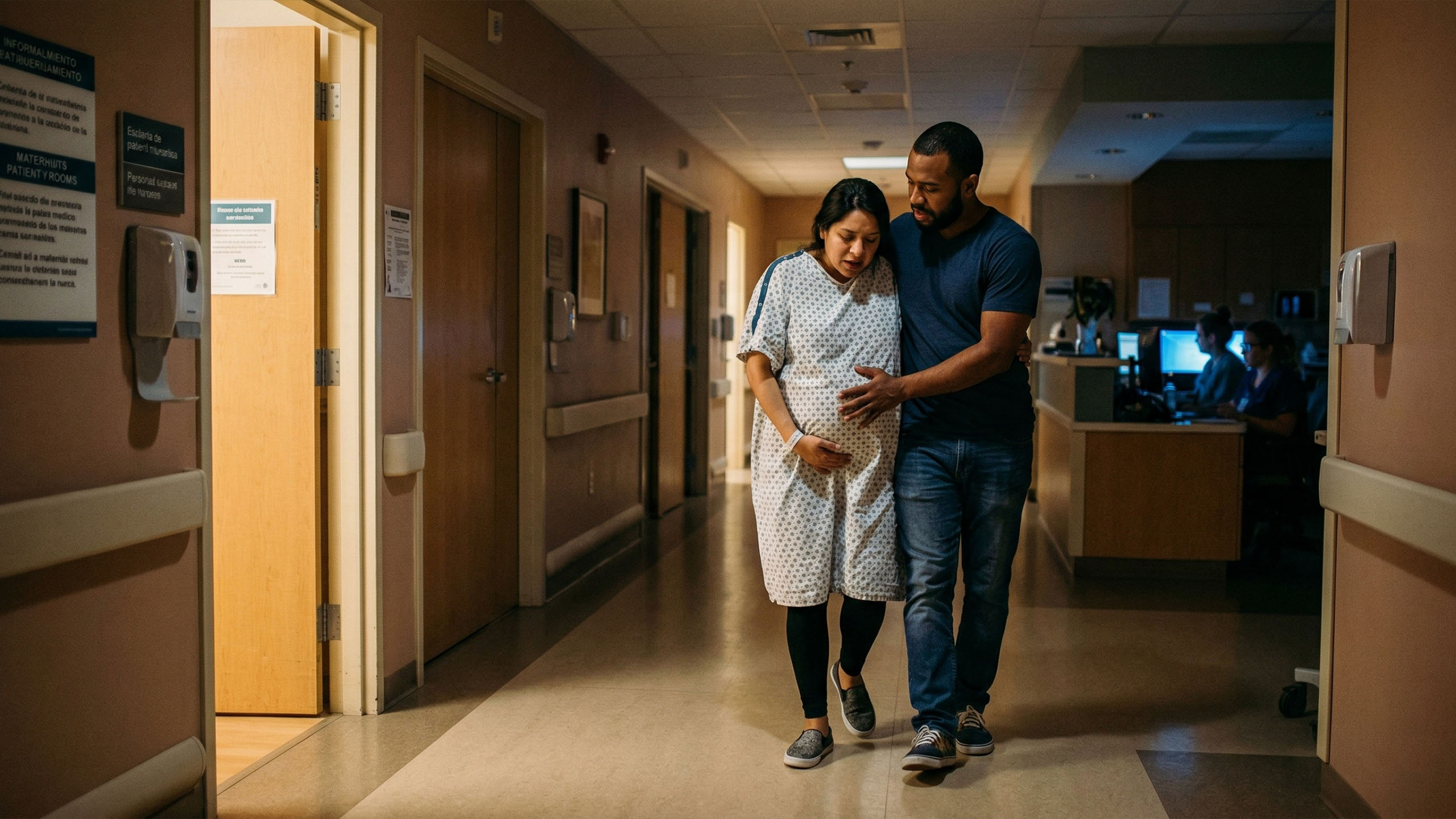Um futuro pai caminhando com a esposa para a maternidade, emocional e sobrecarregado de amor