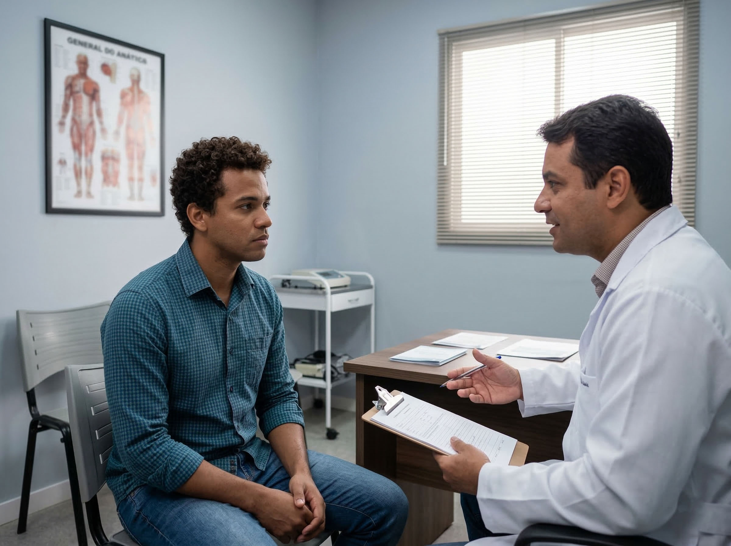 Homem em consulta médica discutindo saúde reprodutiva