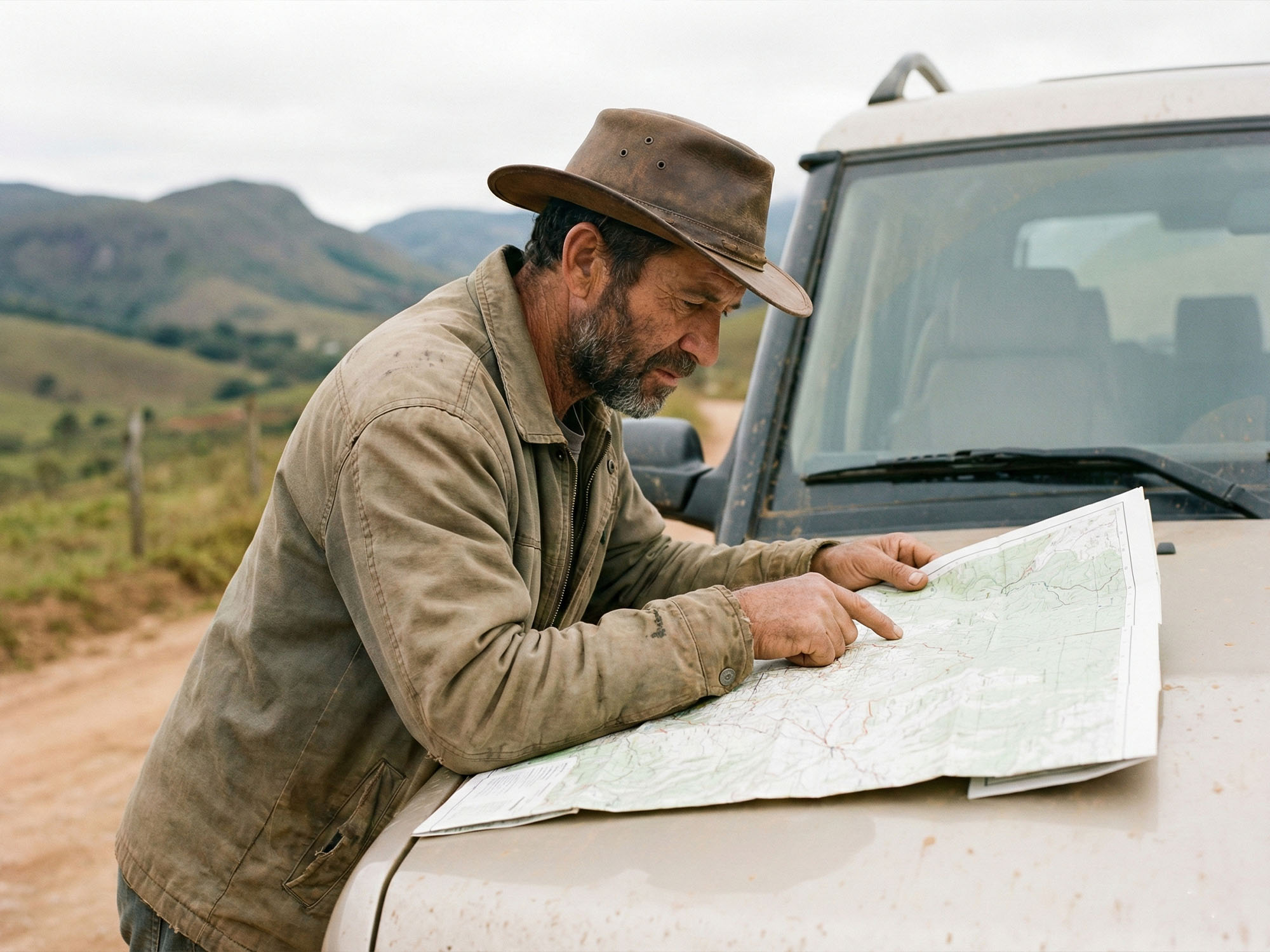 Um homem envolvido em uma tarefa tradicional de provedor, como checar um mapa.