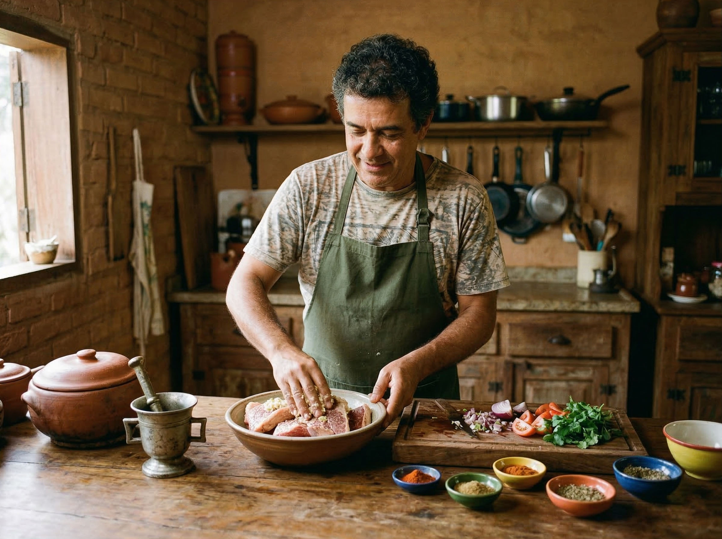 Homem preparando comida (picando vegetais ou temperando carne), cozinha rústica.