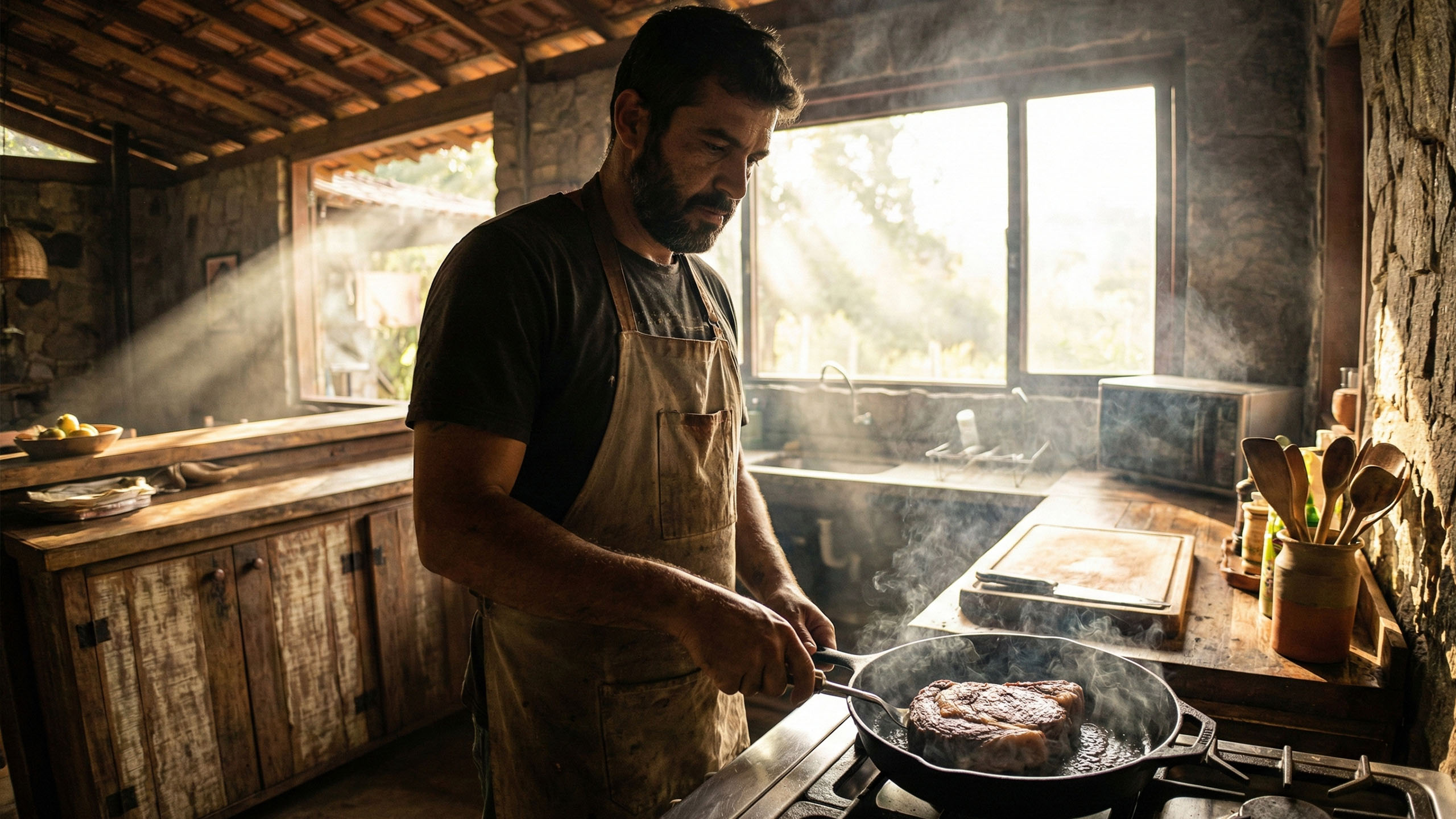 Um homem preparando uma refeição rica em proteínas, simbolizando nutrição de performance e o papel de provedor.