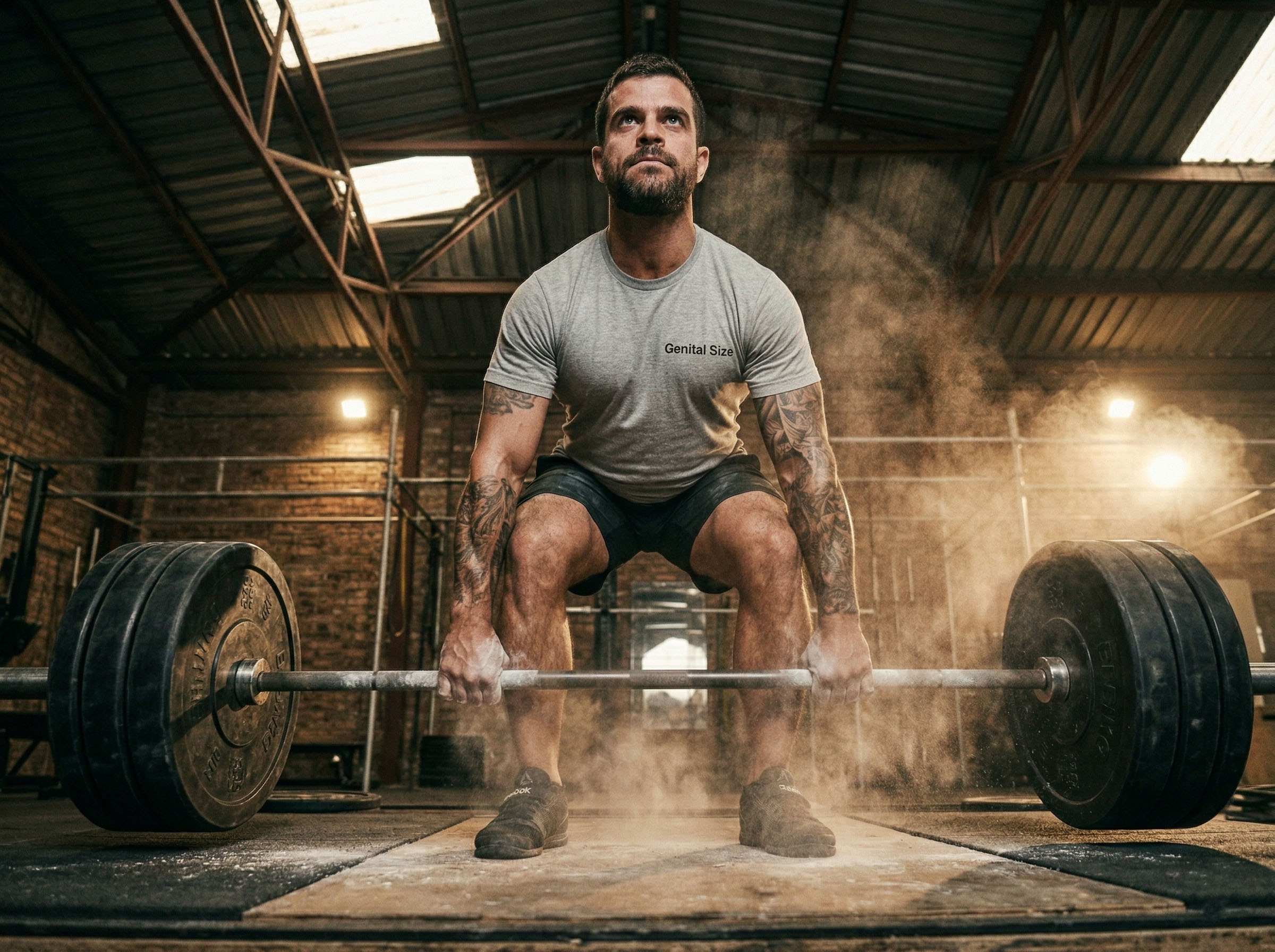 Um homem treinando num ginásio com pesos de ferro, representando disciplina, testosterona e impulso masculino