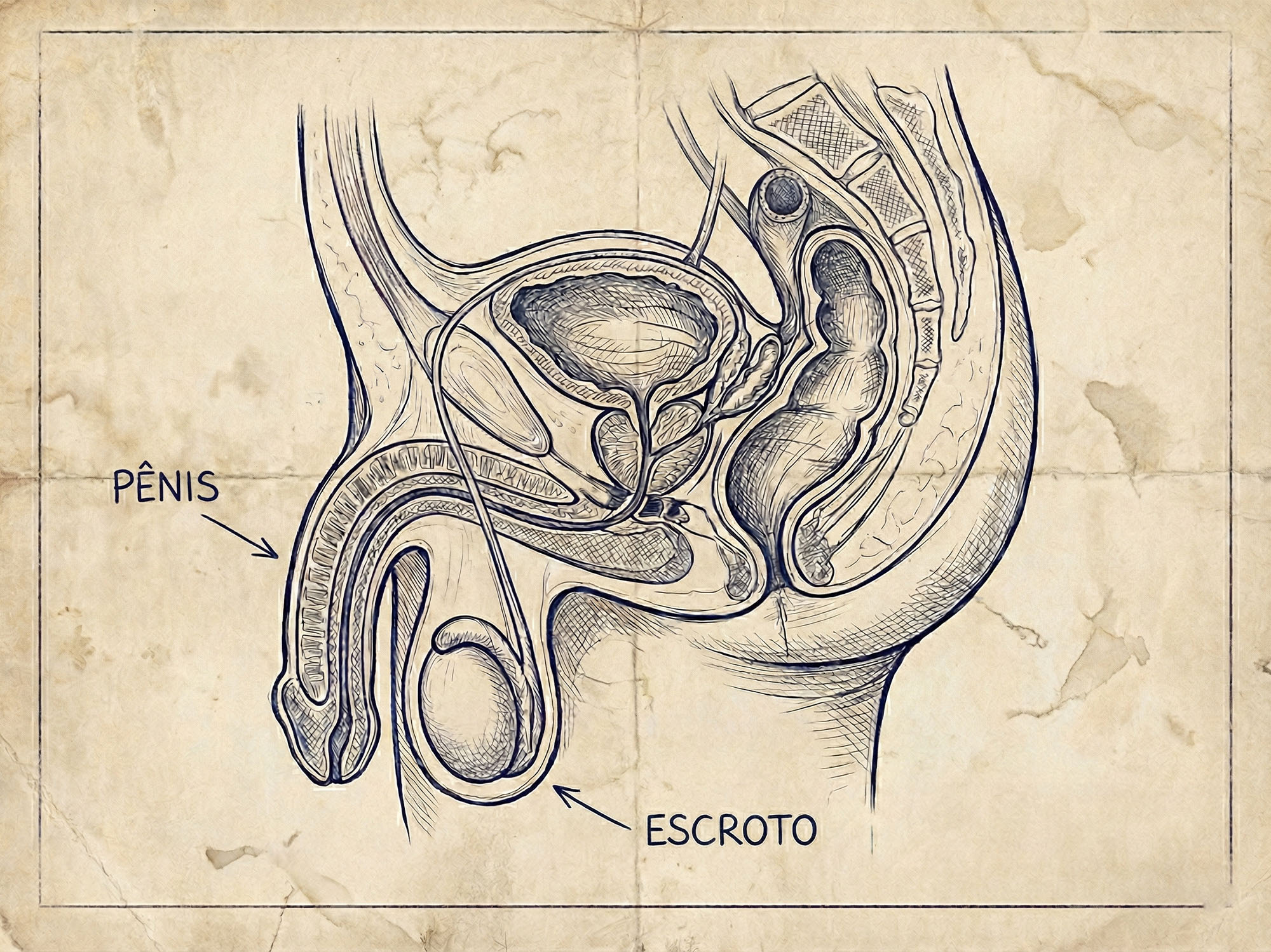 Uma ilustração técnica estilizada de um projeto antigo da anatomia reprodutiva masculina humana, apresentada em papel de desenho envelhecido e texturizado.