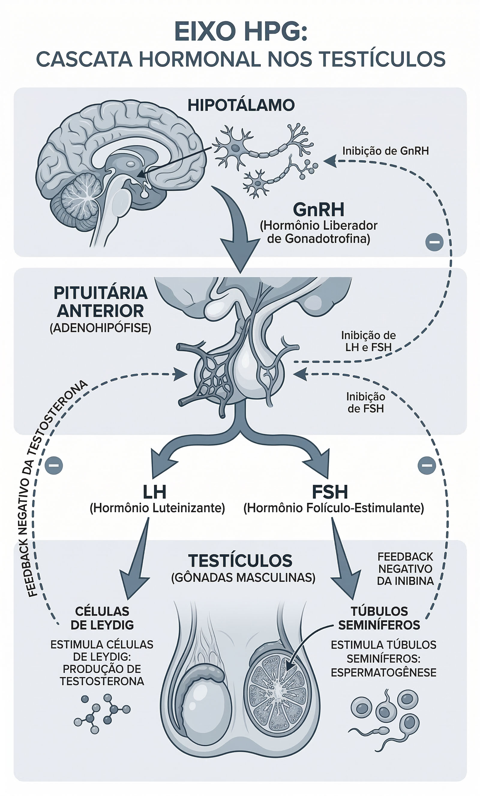 Infográfico eixo HPG hipotálamo pituitária testículos cascata hormonal.