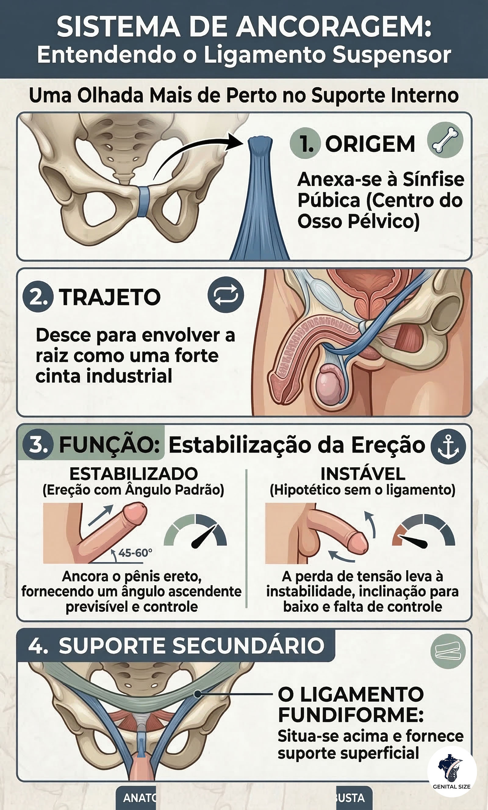 Infográfico detalhando a anatomia e função do ligamento suspensor