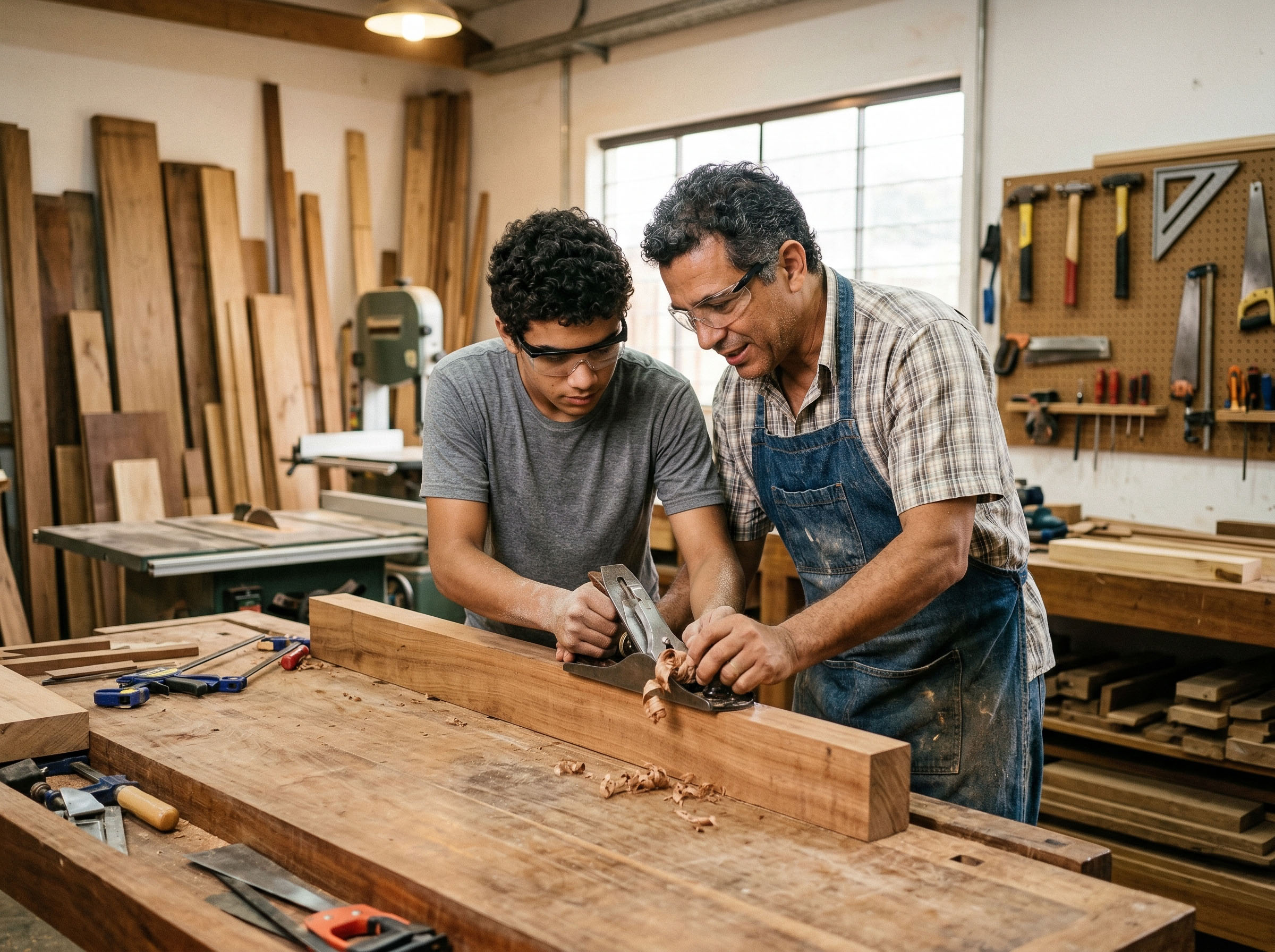 Um pai ensinando seu filho a trabalhar com madeira em uma oficina