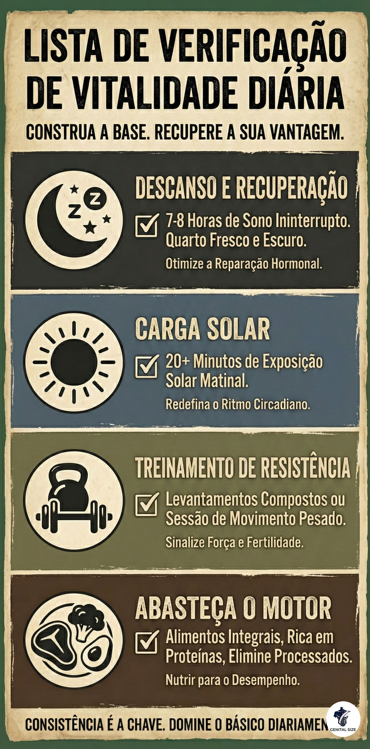 Um infográfico vertical intitulado 'Checklist Diário de Vitalidade' delineando quatro pilares principais para a saúde masculina ideal: Descanso e Recuperação, Carga Solar, Treino de Resistência e Combustível para o Motor.