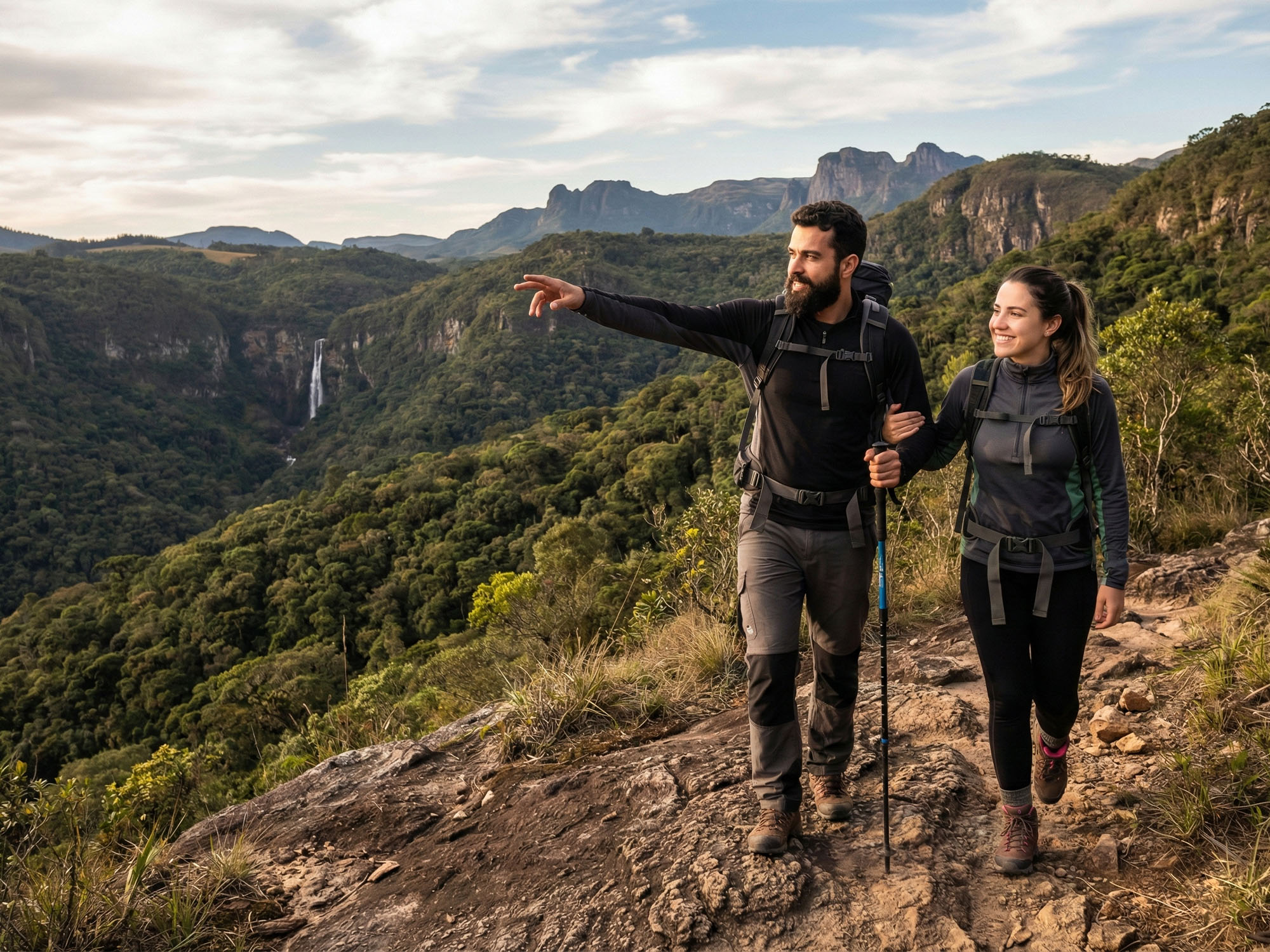 Homem e mulher fazendo trilha ao ar livre